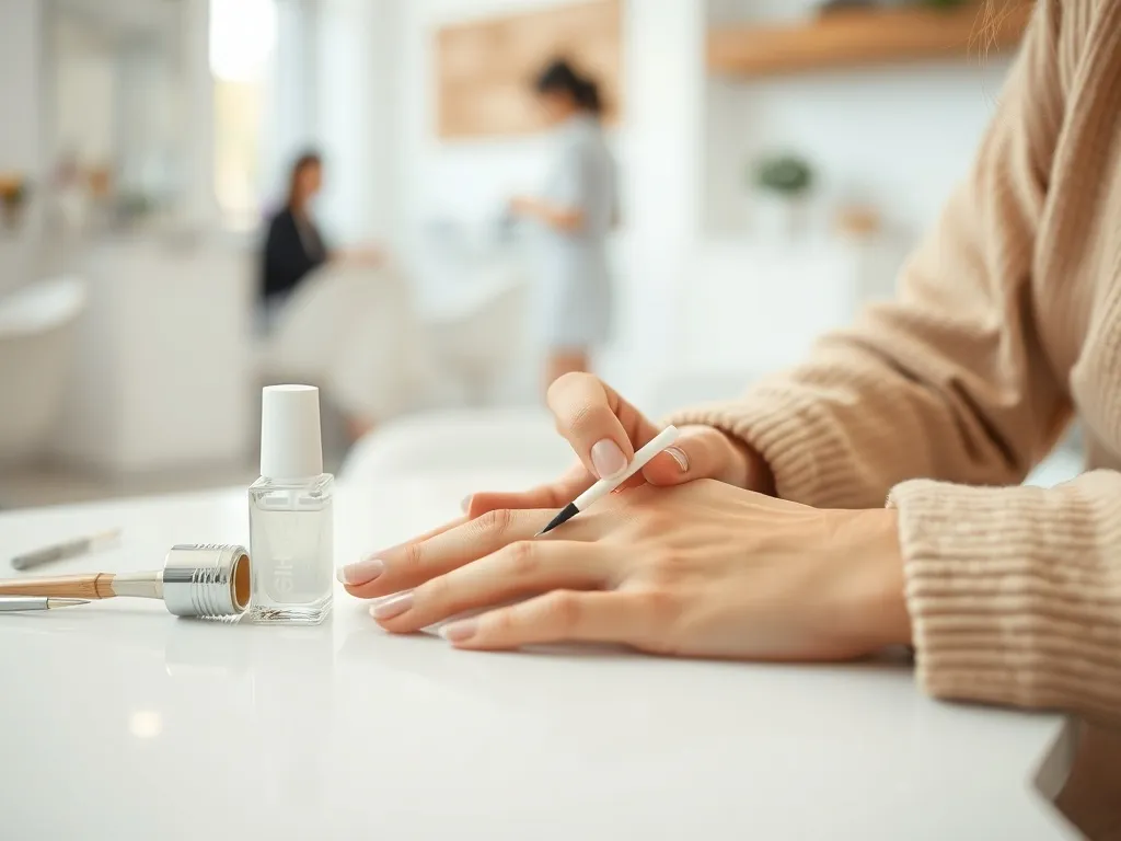 Kobieta nakłada przezroczystą bazę hybrydową na naturalne paznokcie, na stole minimalistyczne akcesoria do manicure.