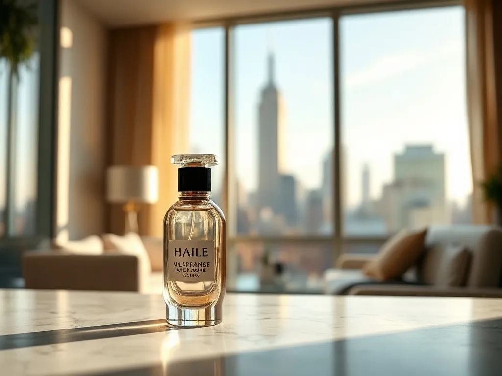 Elegancki flakon perfum Carolina Herrera na marmurowym blacie w nowojorskim, luksusowym apartamencie