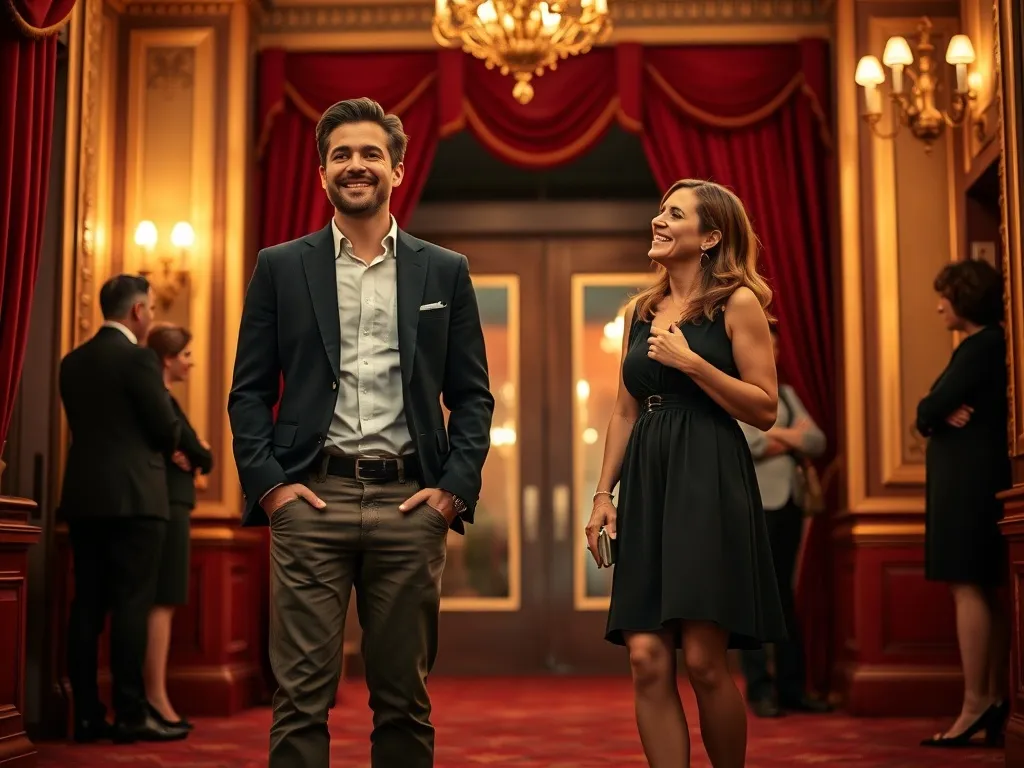 Elegancka para w smart casual w foyer teatru, uśmiechnięta przed komedią, w otoczeniu innych półformalnie ubranych gości