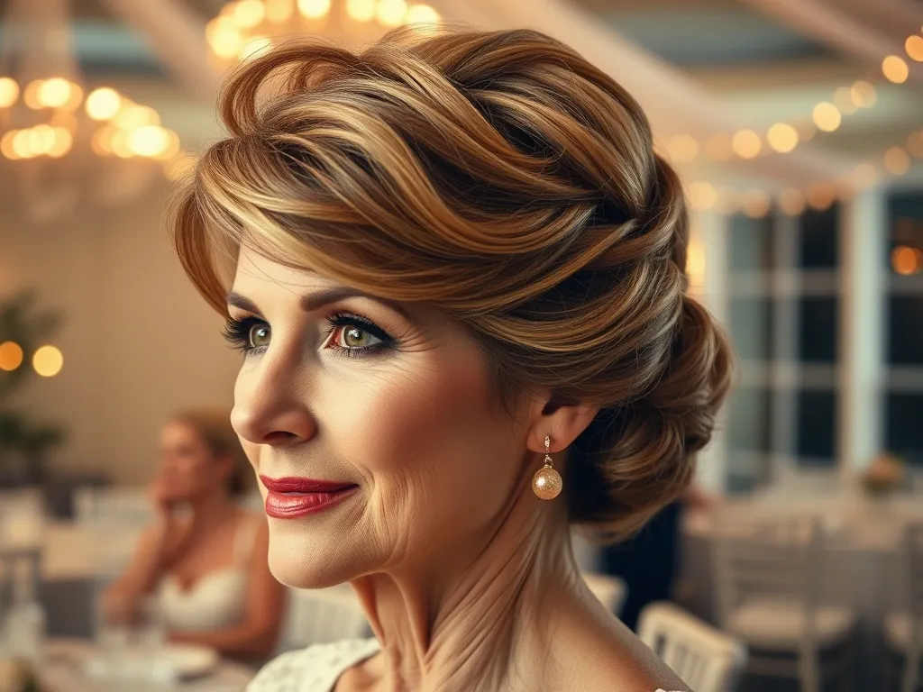 Elegancka kobieta po 50 z odmładzającym upięciem i falami, w tle rozmyte, stylowe wnętrze weselne z delikatnym oświetleniem