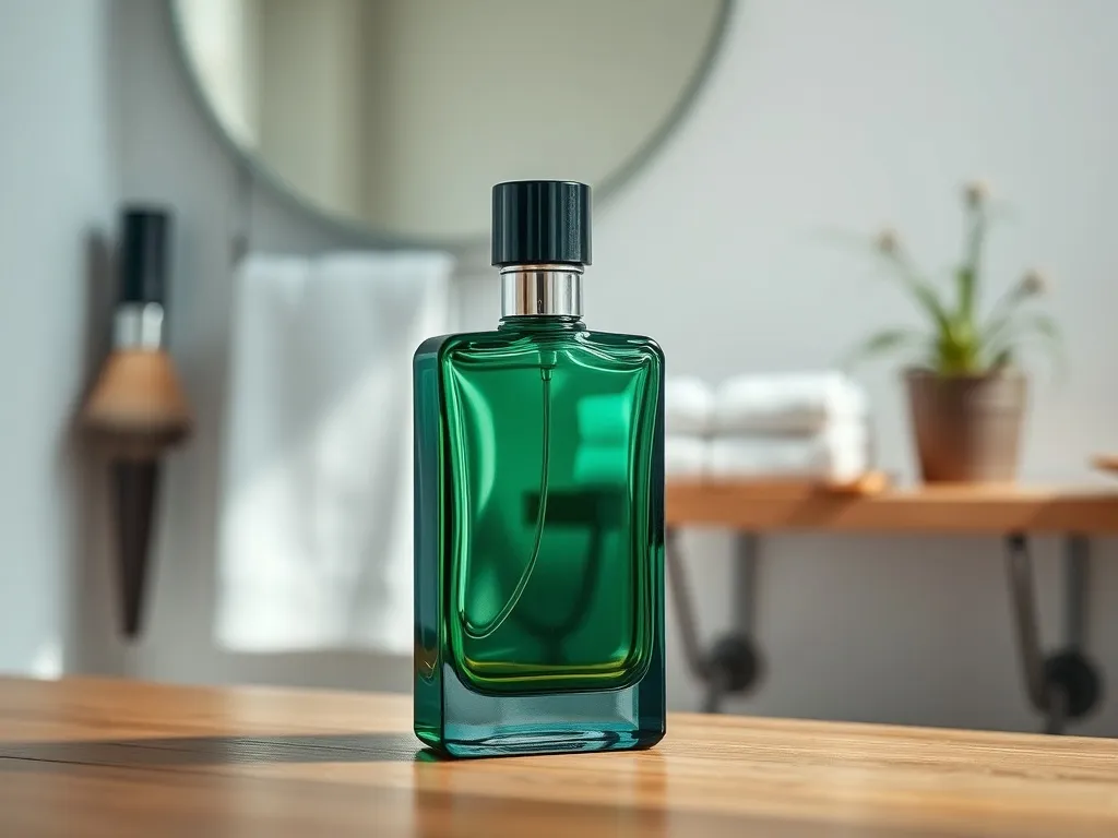 Zielony flakon Paco Rabanne pour Homme na drewnianej półce w eleganckiej łazience, podkreślający klasyczny męski styl.