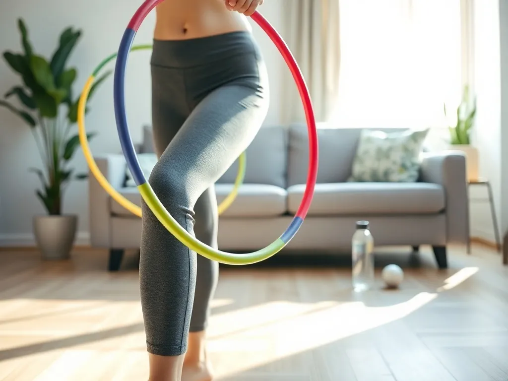 Osoba ćwicząca w salonie z kolorowym hula hop, domowy trening i relaksująca atmosfera sprzyjająca regularnym ćwiczeniom.