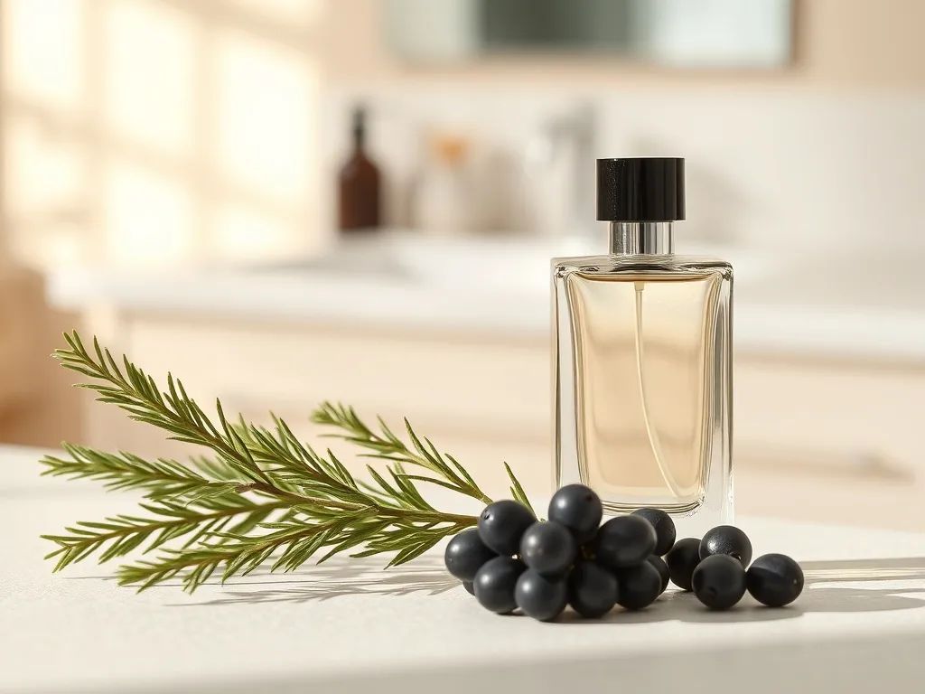 Flakon Jo Malone Cypress & Grapevine z gałązką cyprysu i winogronami na jasnym tle, elegancka, luksusowa kompozycja