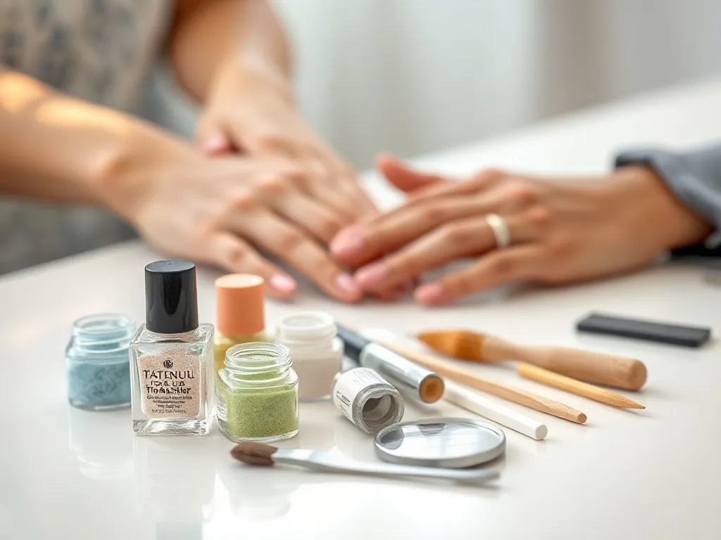 Zestaw do paznokci tytanowych na stole: pudry kolorowe, płyny, pilnik i akcesoria do samodzielnego manicure