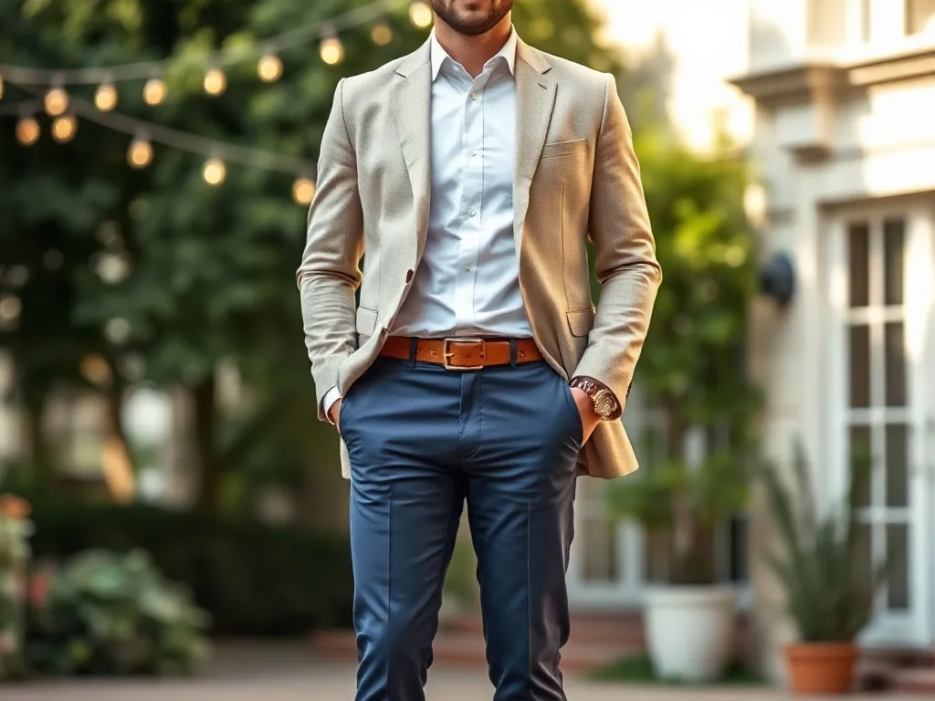 Mężczyzna w eleganckim smart casual na wesele: beżowa marynarka, granatowe chinosy i mokasyny w ogrodowej scenerii.