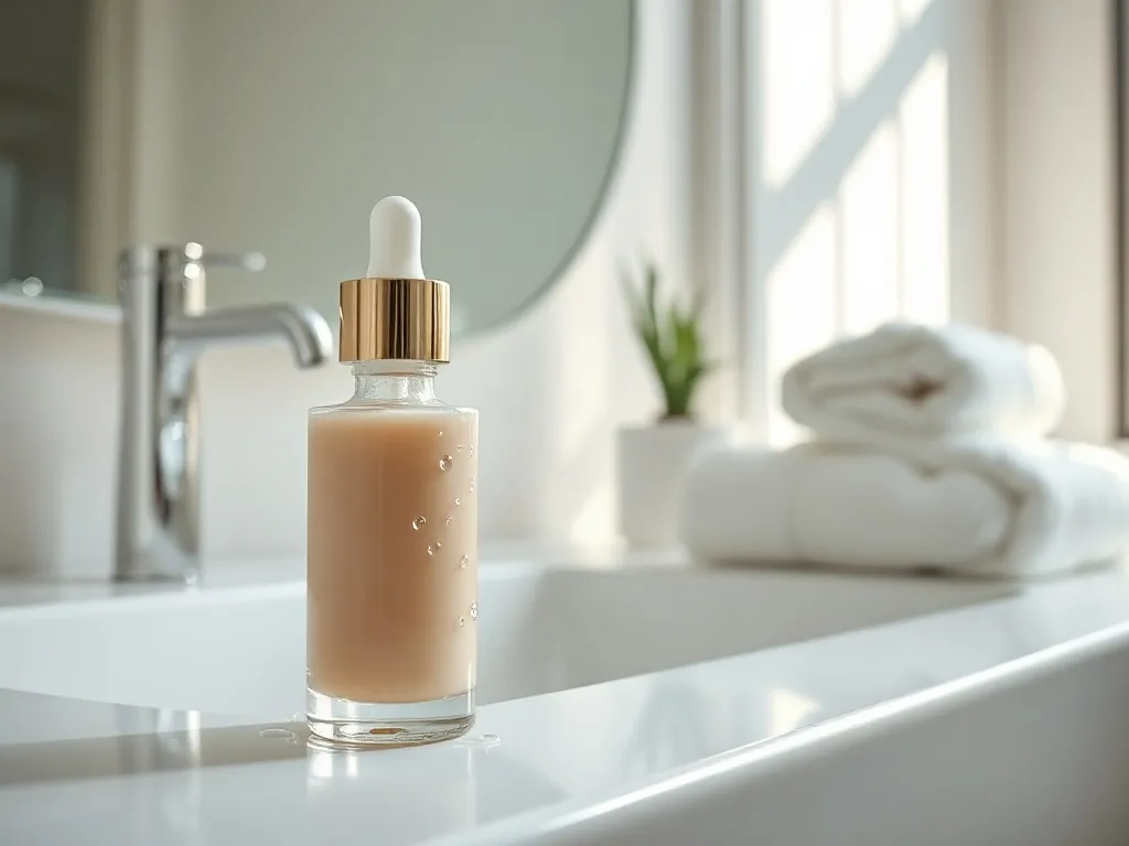 Serum Vichy Neovadiol na białym blacie w łazience, w otoczeniu ręcznika i rośliny, podkreślające rytuał pielęgnacji w menopauzie