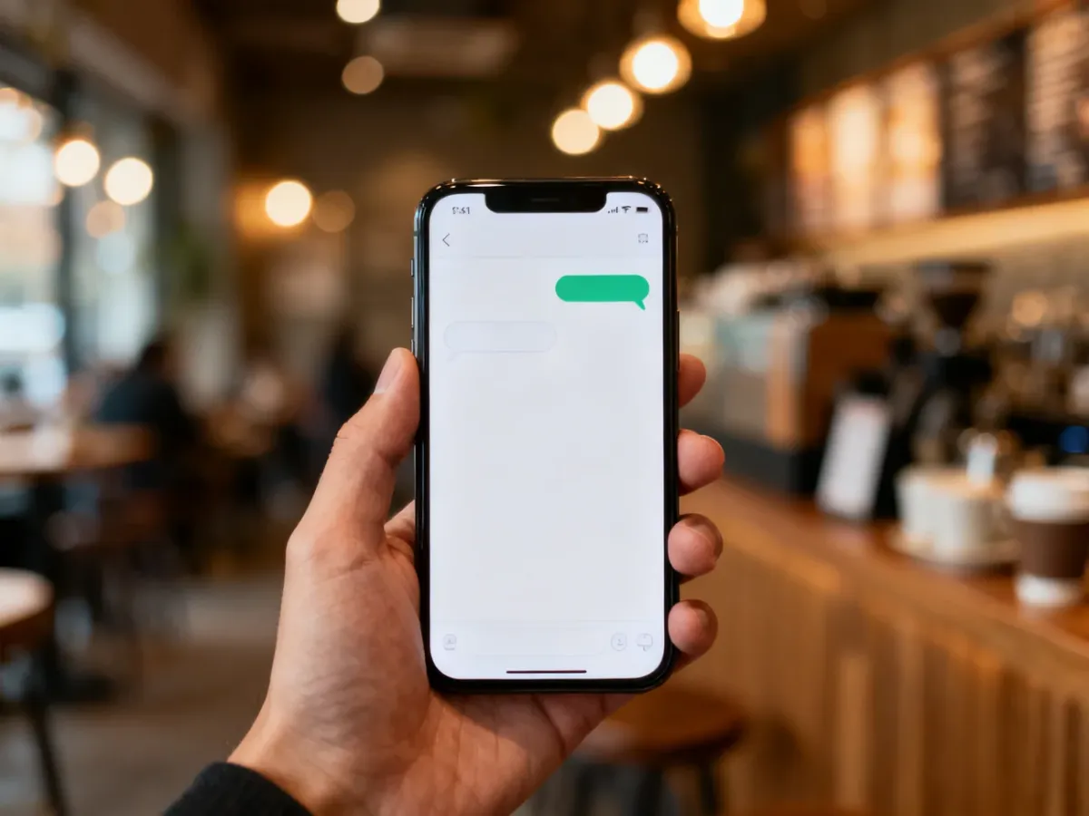 Dłoń trzymająca smartfon z widocznym interfejsem czatu w przytulnej kawiarni, ilustrująca korzystanie z komunikatorów.
