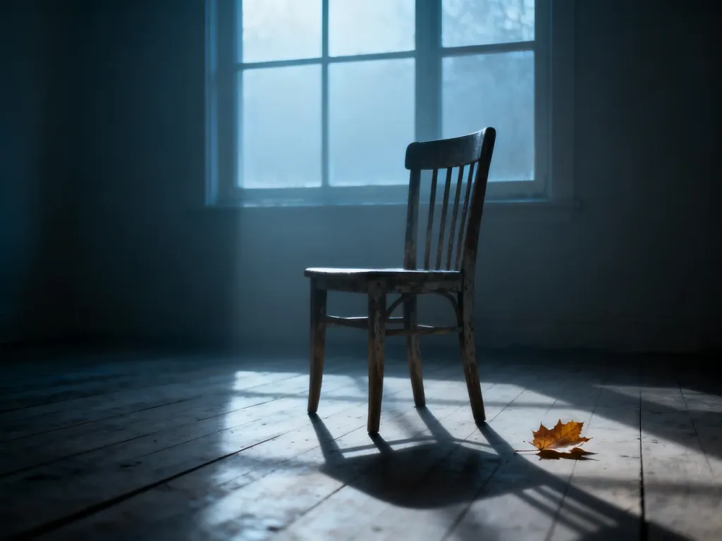 Samotne drewniane krzesło w przygaszonym świetle poranka, symbolizujące melancholię i stan wyciszenia.