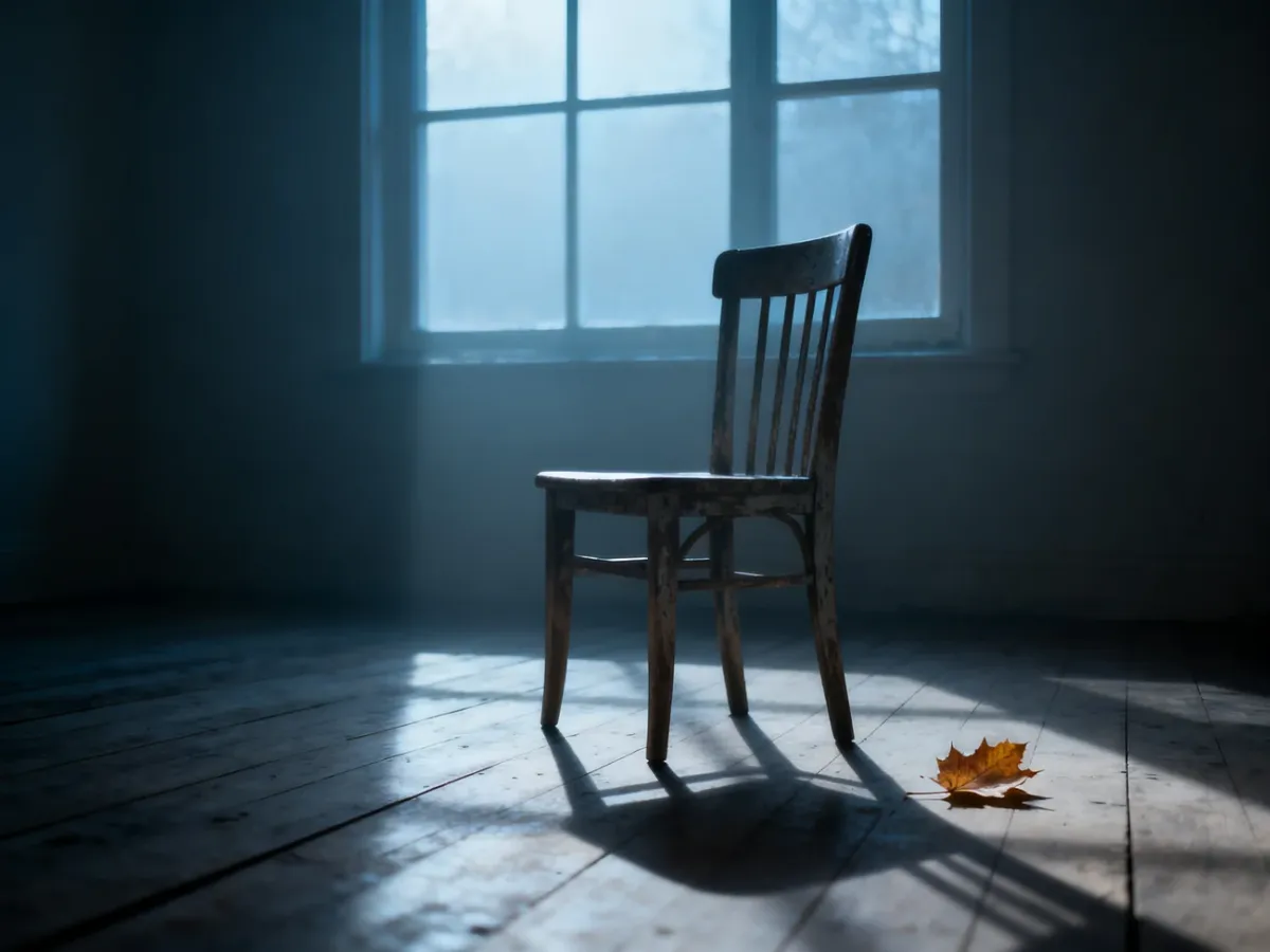 Samotne drewniane krzesło w przygaszonym świetle poranka, symbolizujące melancholię i stan wyciszenia.