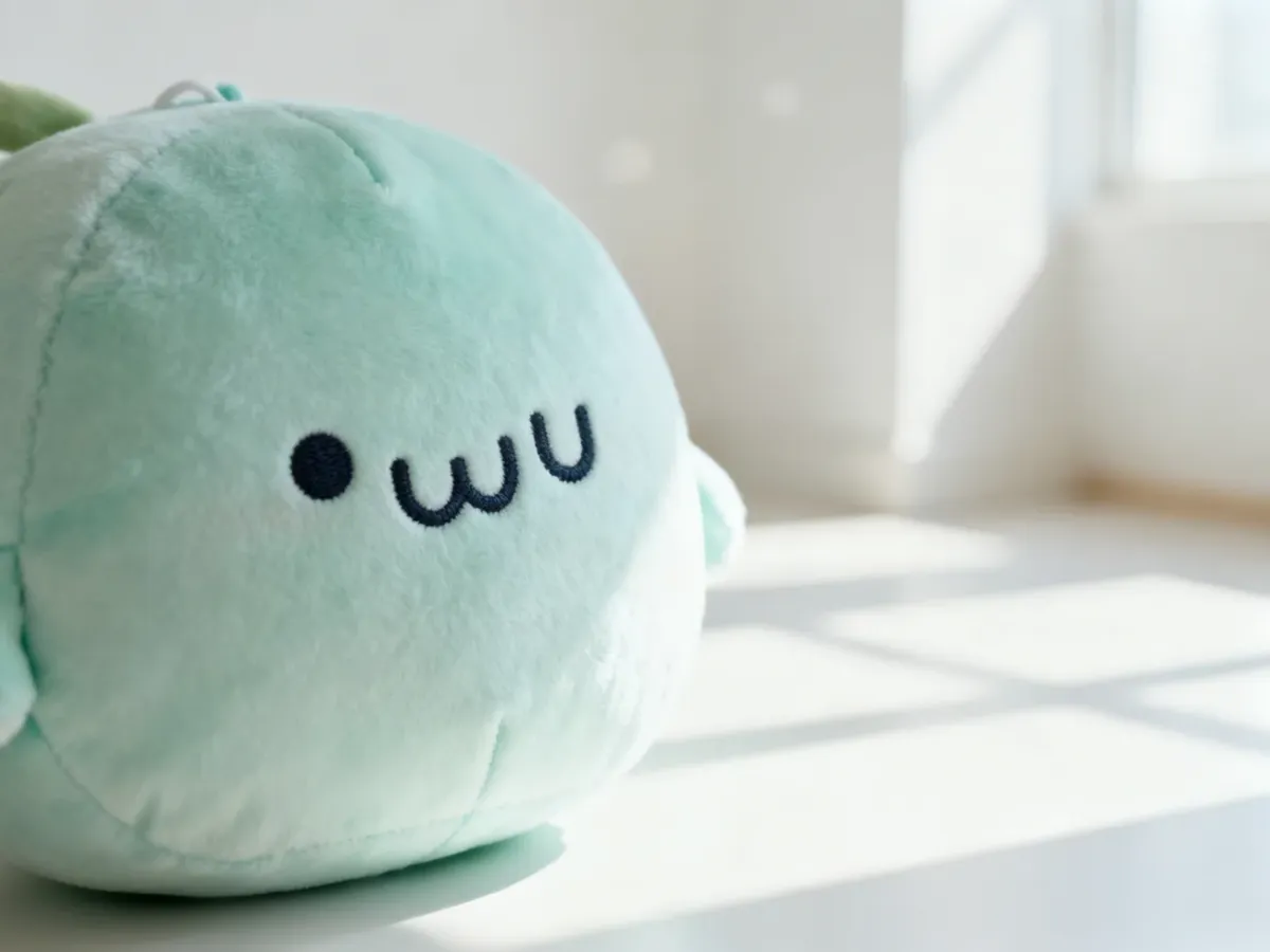 Pluszowa zabawka w pastelowych kolorach z wyhaftowaną buźką o wyrazie „uwu”, ilustrująca estetykę tego internetowego mema.