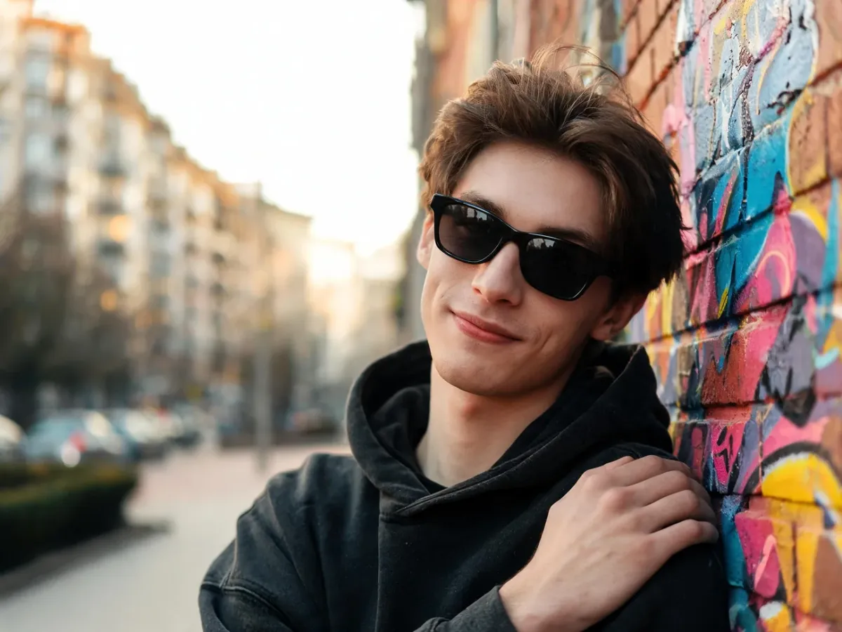 Pewny siebie młody mężczyzna w okularach przeciwsłonecznych opiera się o ścianę z graffiti, emanując klimatem „thug life”.