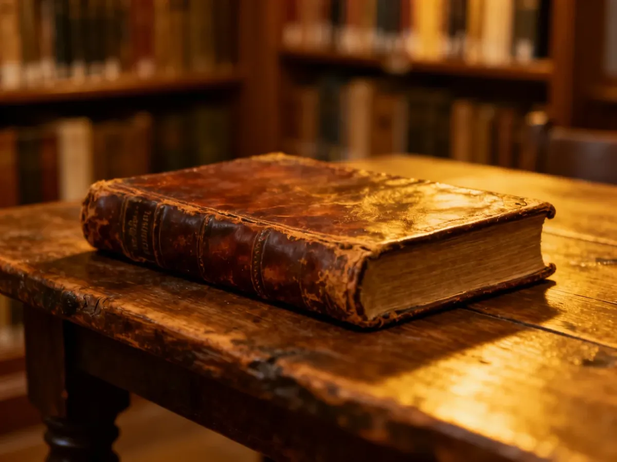 Stara, skórzana księga na drewnianym stole w klimatycznej bibliotece, symbolizująca odkrywanie tajemnic lore.