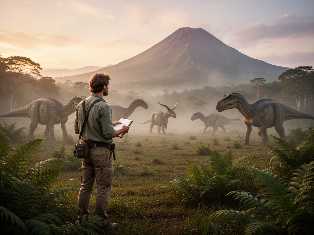 Paleontolog obserwuje stado roślinożernych dinozaurów o wschodzie słońca w prehistorycznym krajobrazie z górami i mgłą