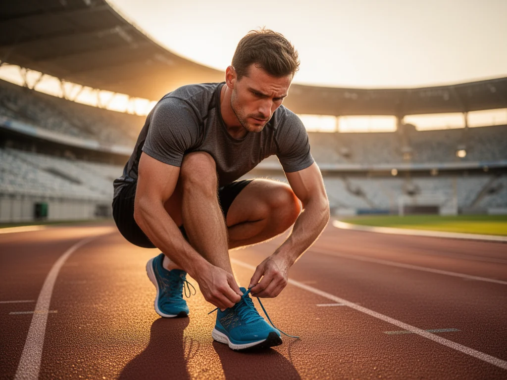 Skupiony biegacz wiąże buty na bieżni o wschodzie słońca, symbol determinacji i motywacji w sporcie