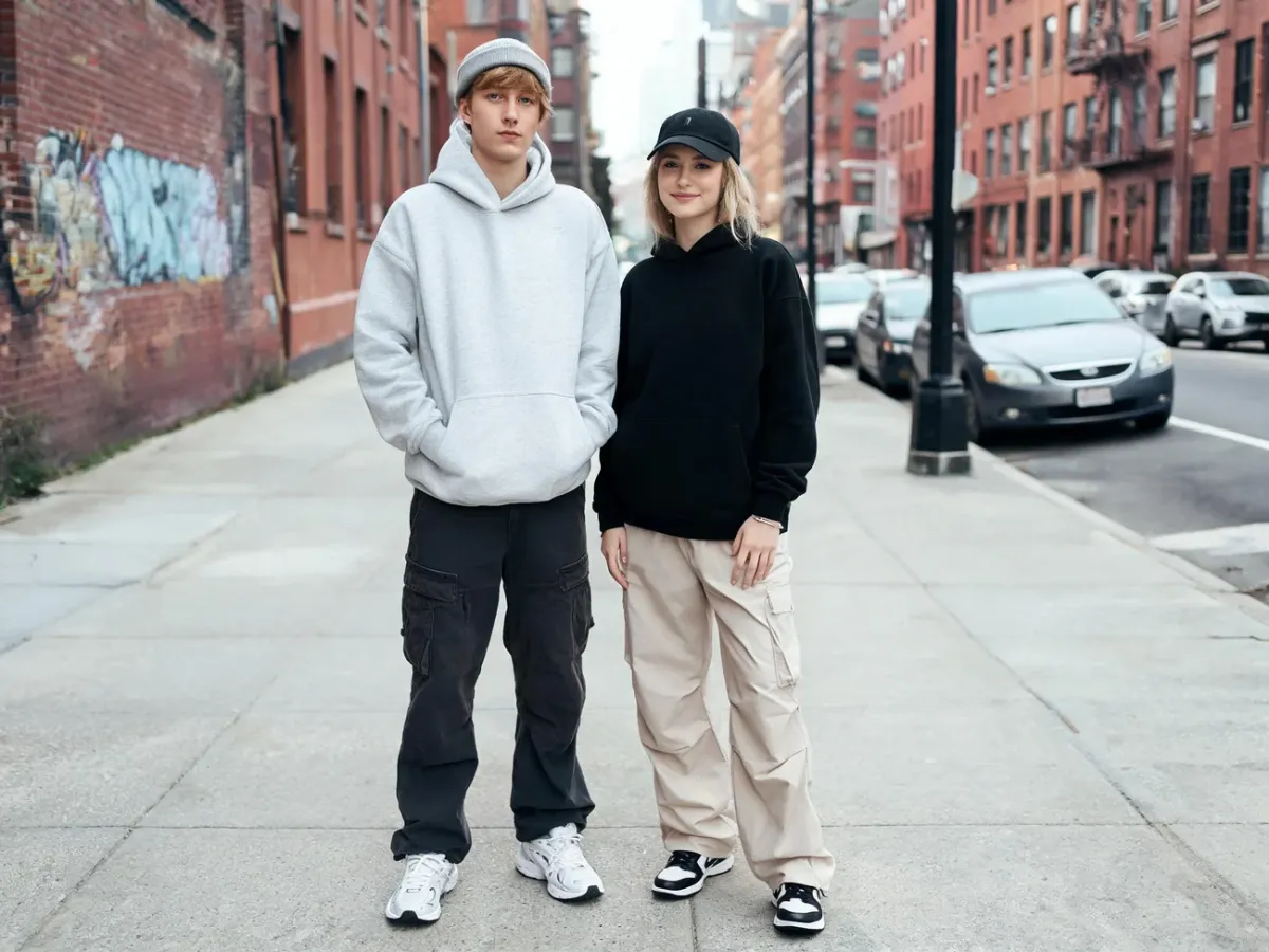 Młody mężczyzna i kobieta w oversize’owych bluzach i szerokich spodniach prezentują casualowy streetwear na miejskim chodniku.