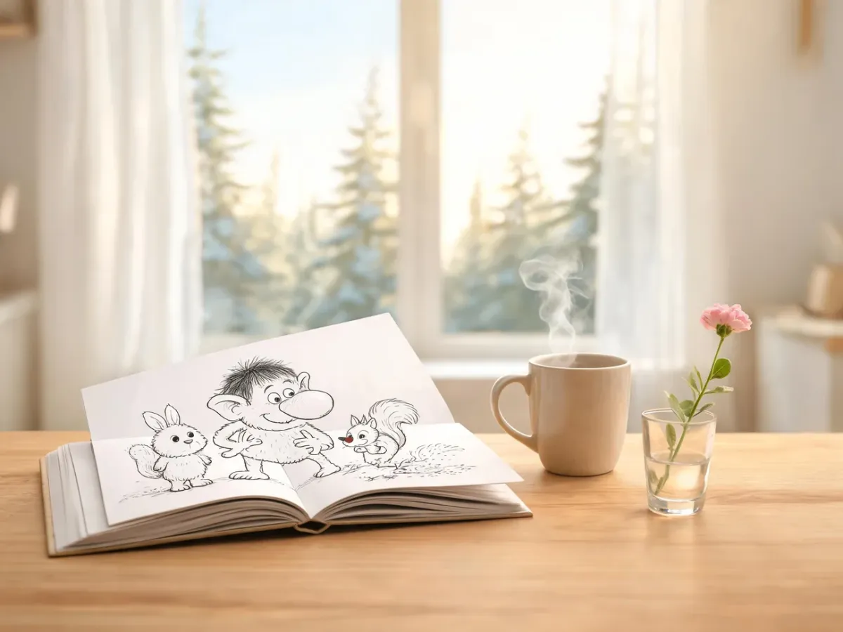 Ilustracje Muminków przy kubku kakao w przytulnym, skandynawskim pokoju dziecięcym, w ciepłym, nostalgicznym świetle.