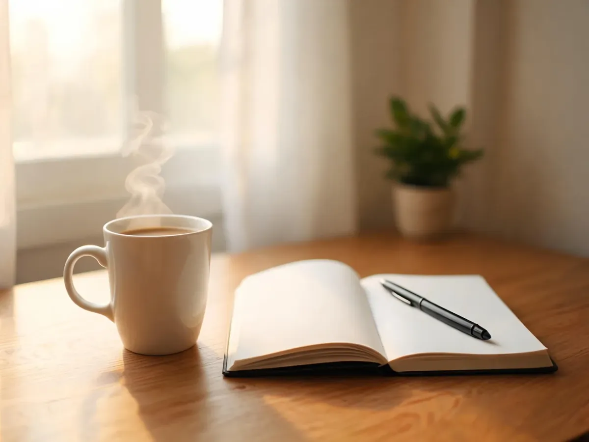 Kubek kawy i otwarty notes na drewnianym biurku w porannym świetle, tworzące spokojny, inspirujący nastrój.