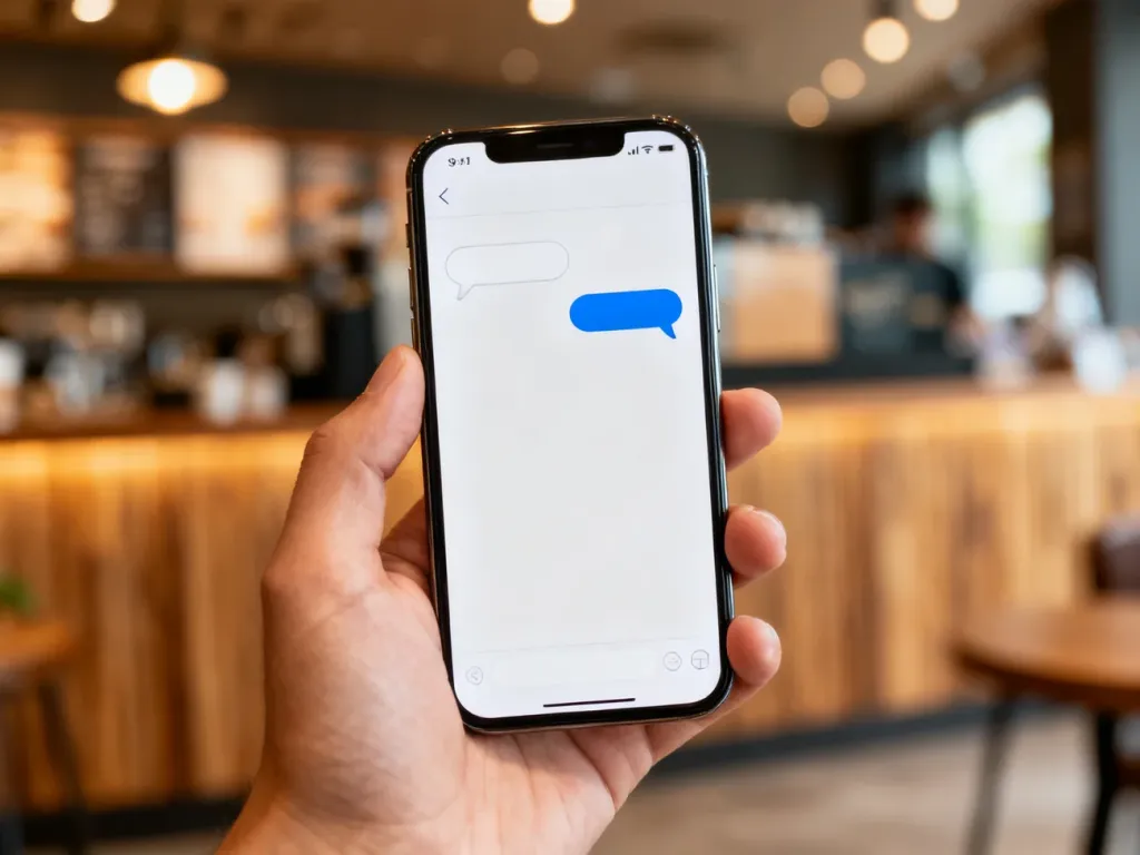 Dłoń trzymająca smartfon z minimalistycznym interfejsem czatu w przytulnej kawiarni. Ilustracja użycia komunikatorów.