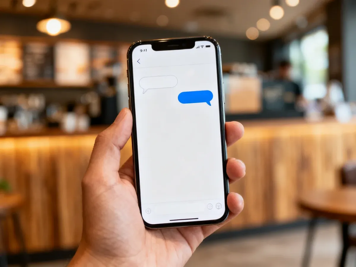 Dłoń trzymająca smartfon z minimalistycznym interfejsem czatu w przytulnej kawiarni. Ilustracja użycia komunikatorów.
