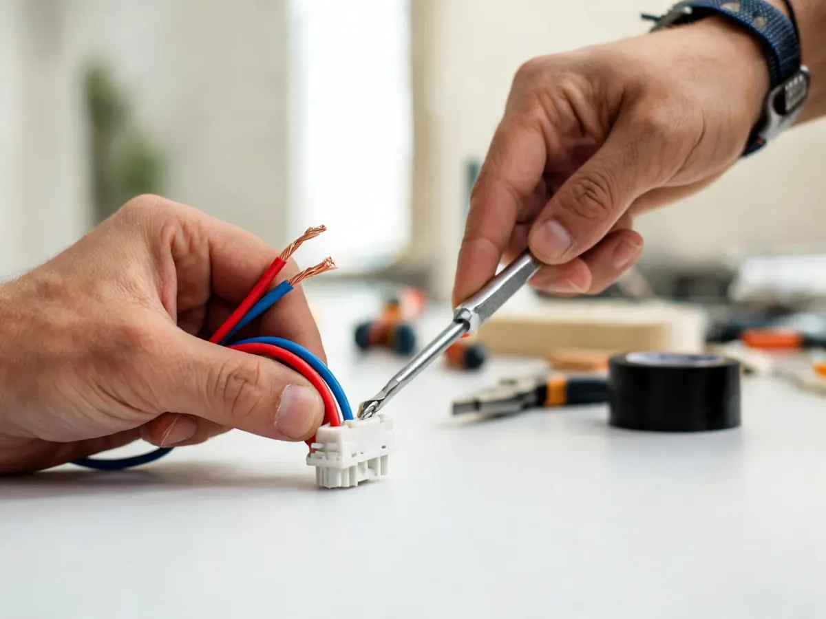 Elektryk łączy dwa kolorowe przewody w kostce, pokazując precyzyjne i bezpieczne wykonanie prostego połączenia elektrycznego.