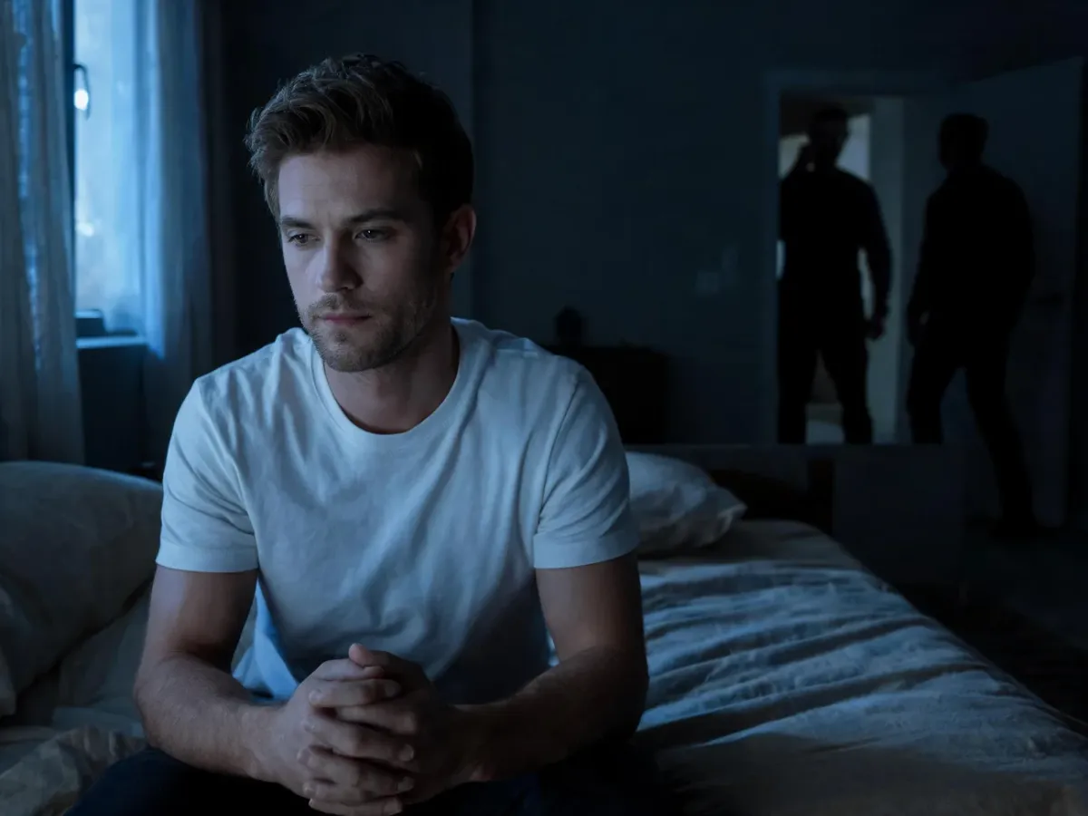 Zamyślony mężczyzna nocą na łóżku, w tle rozmyty zarys bijących się postaci, symbolizujących sen o konflikcie.