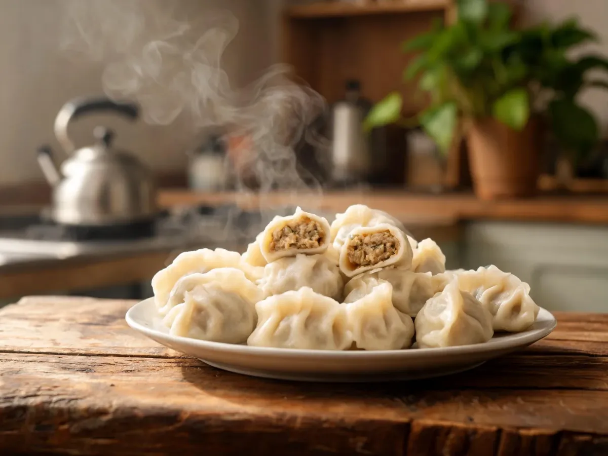 Talerz parujących pierogów na drewnianym stole w przytulnej kuchni, symbolizujący obfitość i domowe ciepło w senniku.