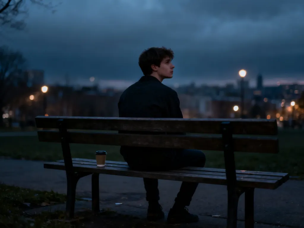 Samotny młody mężczyzna siedzący na ławce w parku o zmierzchu, uosabiający melancholijny nastrój kultury doomerów.