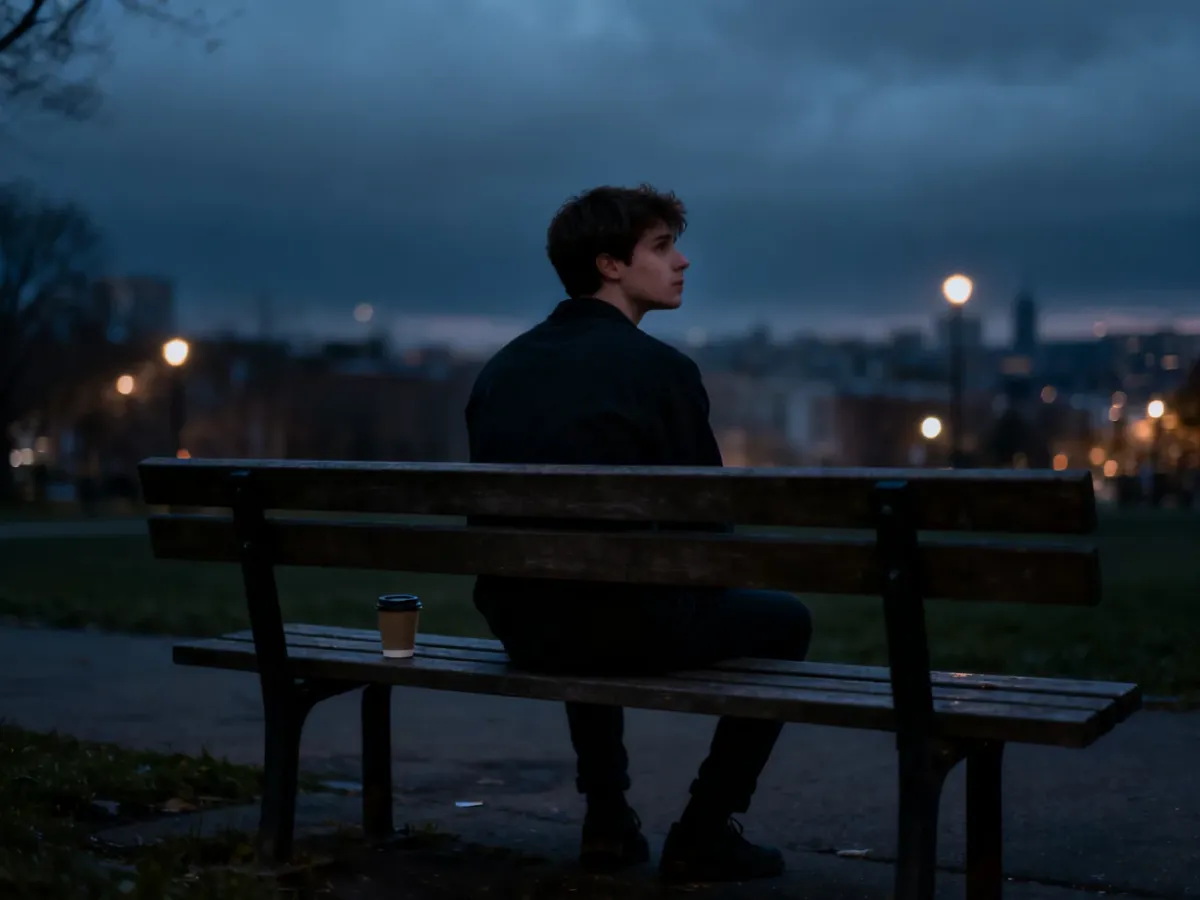 Samotny młody mężczyzna siedzący na ławce w parku o zmierzchu, uosabiający melancholijny nastrój kultury doomerów.