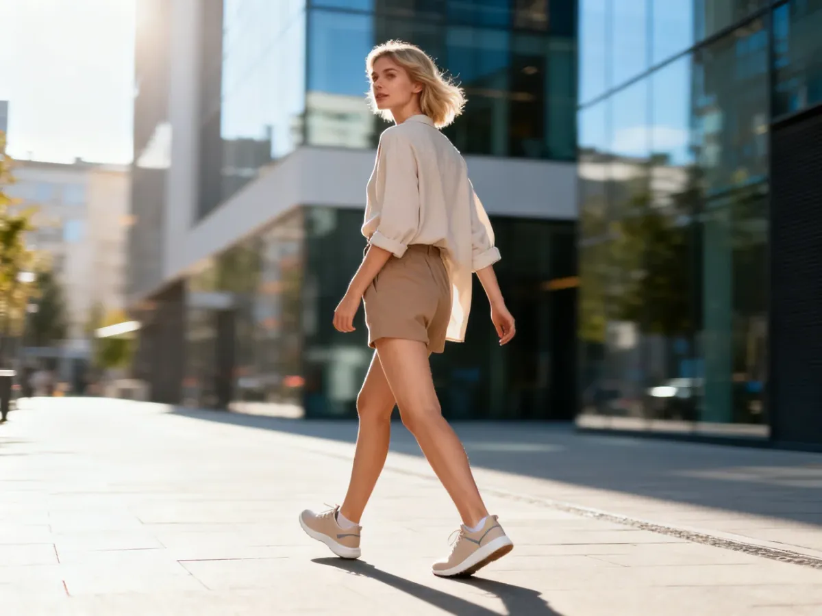 Stylowa kobieta w minimalistycznych sneakersach spaceruje po nowoczesnym mieście, prezentując modną stylizację.