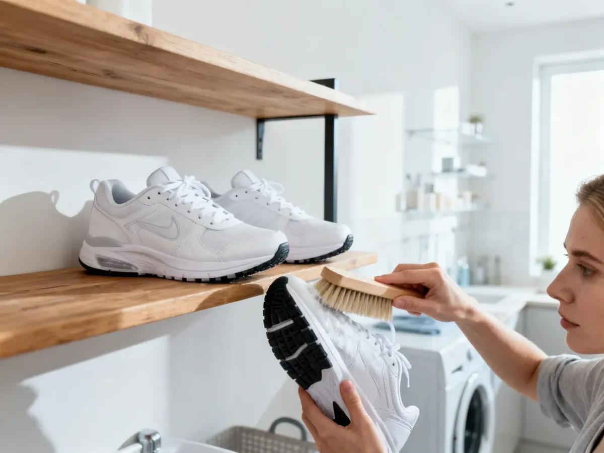 Kobieta czyści szczoteczką podeszwę białych sneakersów w jasnej, nowoczesnej pralni.