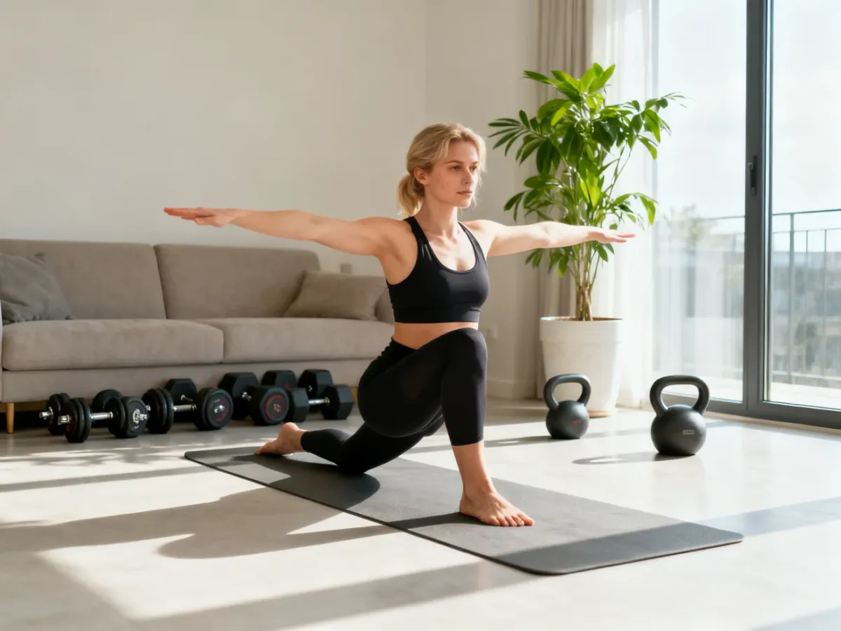 Kobieta ćwicząca jogę w minimalistycznym, domowym kąciku fitness z uporządkowanym sprzętem do ćwiczeń.