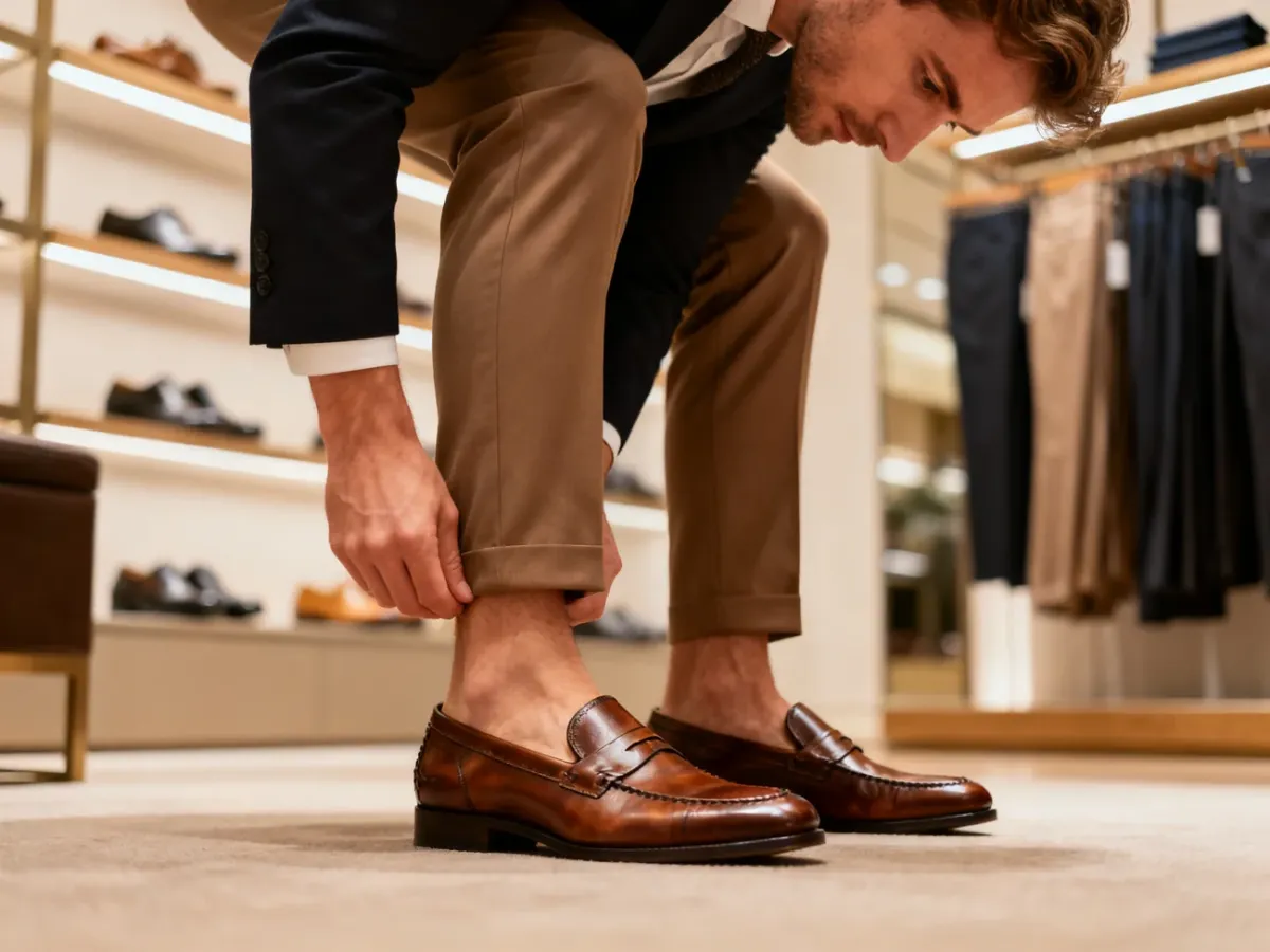 Mężczyzna w sklepie przymierza eleganckie mokasyny do spodni typu chinos, prezentując stylowe połączenie obuwia z garderobą.