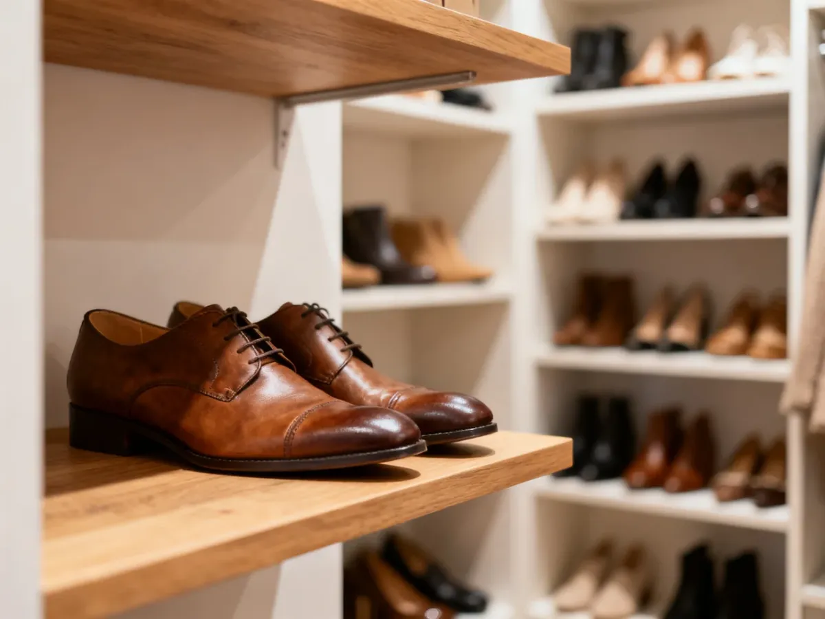 Eleganckie skórzane buty starannie ułożone na drewnianej półce w uporządkowanej garderobie.