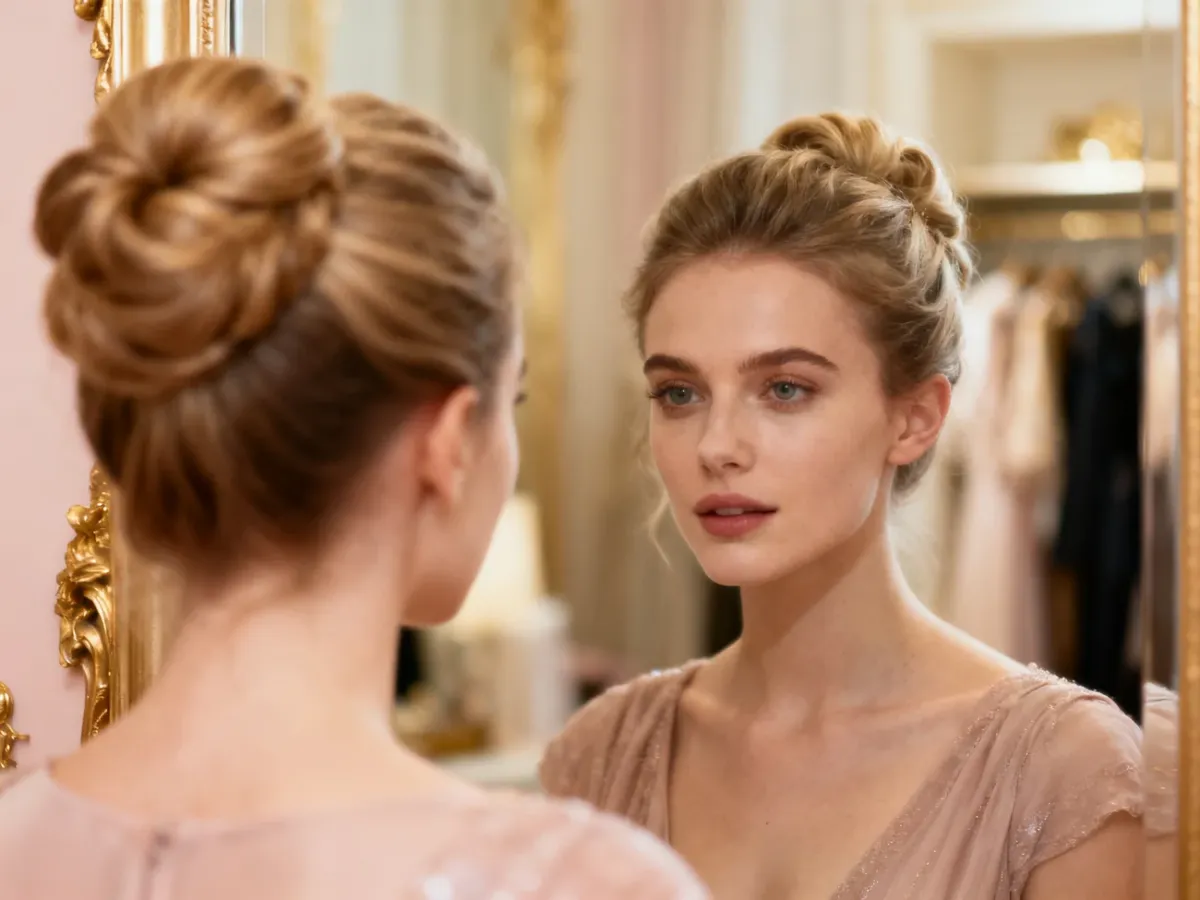 Elegancka kobieta w wyrafinowanym upięciu przegląda się w lustrze w luksusowej garderobie.