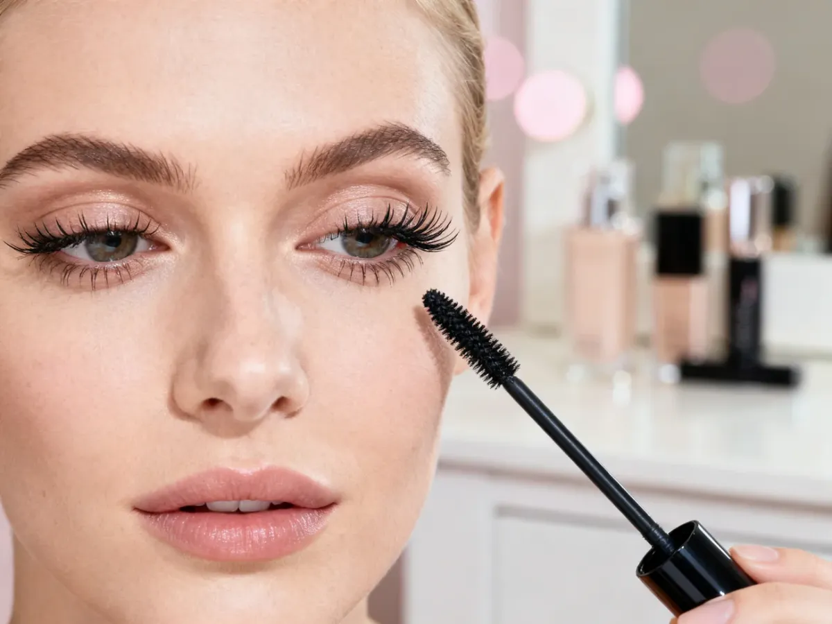 Kobieta nakłada czarny tusz na rzęsy, podkreślając ich długość i wyrazistość w profesjonalnej stylizacji beauty.