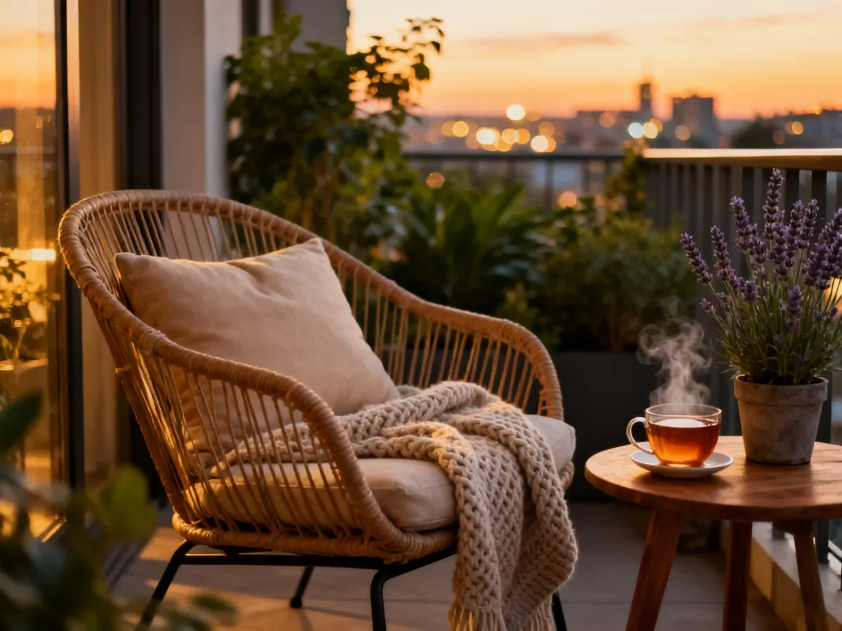 Przytulny balkon o zachodzie słońca z wygodnym fotelem, ciepłym kocem i roślinami, tworzący idealne miejsce do relaksu.