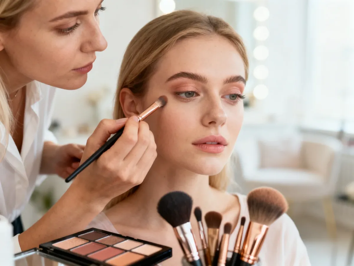 Wizażystka wykonuje delikatny, dzienny makijaż modelce, używając profesjonalnych pędzli i palety kosmetyków.