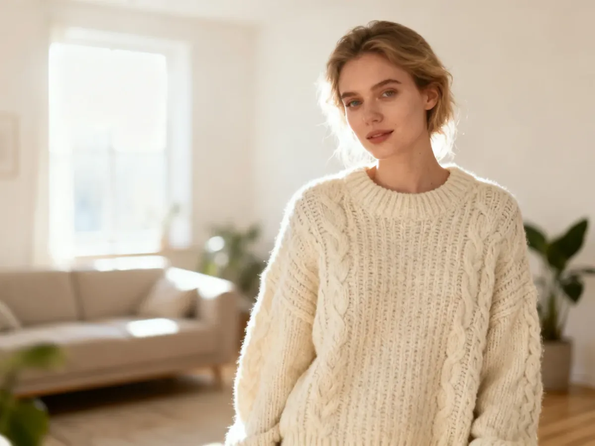Kobieta w kremowym swetrze typu oversize w jasnym, nowoczesnym salonie, prezentująca modną i przytulną stylizację.