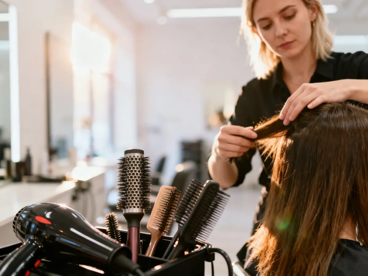 Profesjonalna stylistka fryzur układa włosy klientce w nowoczesnym salonie, używając profesjonalnych narzędzi.