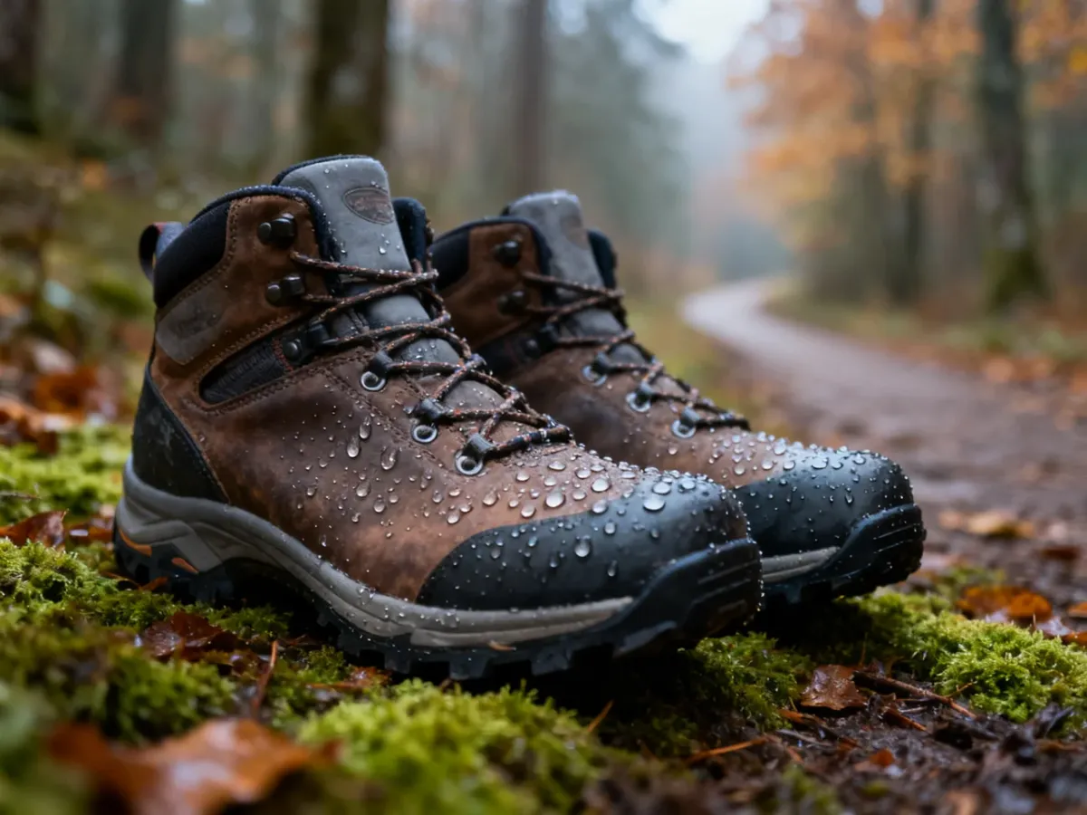 Wysokiej jakości buty trekkingowe z widocznymi kroplami wody na mszystym leśnym podłożu, podkreślające ich wodoodporność.