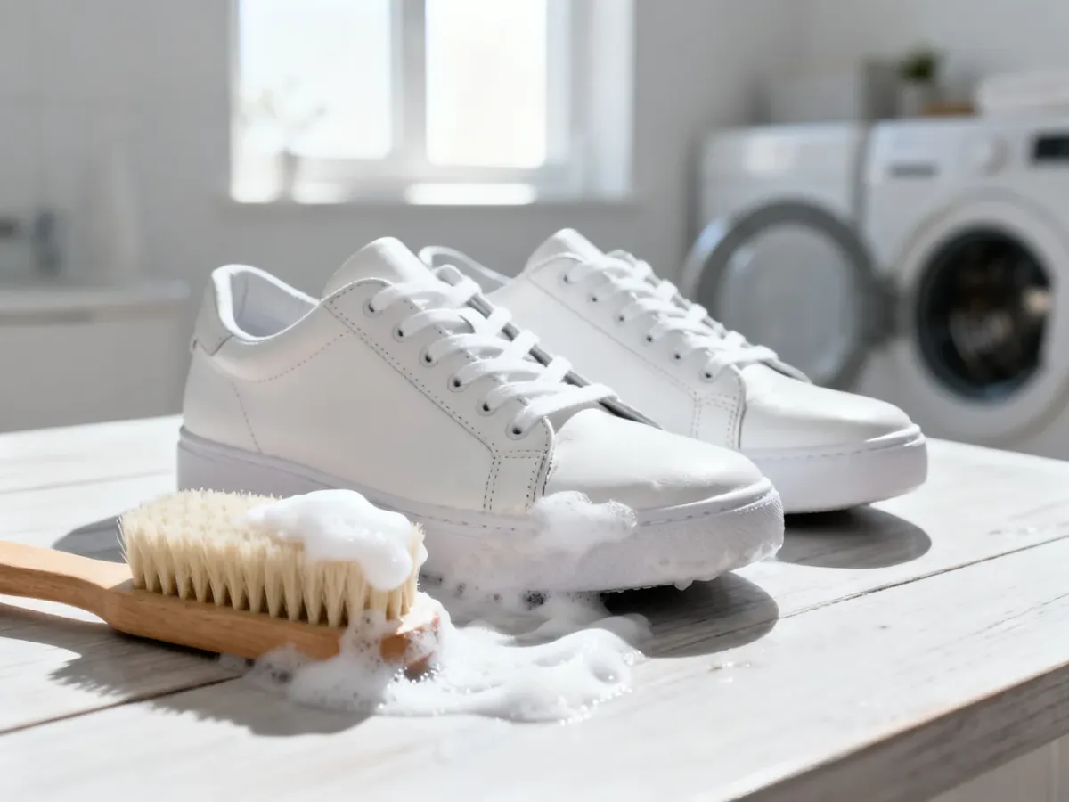 Szczotka z pianką czyszcząca białe skórzane sneakersy na drewnianym blacie w jasnym, minimalistycznym wnętrzu.