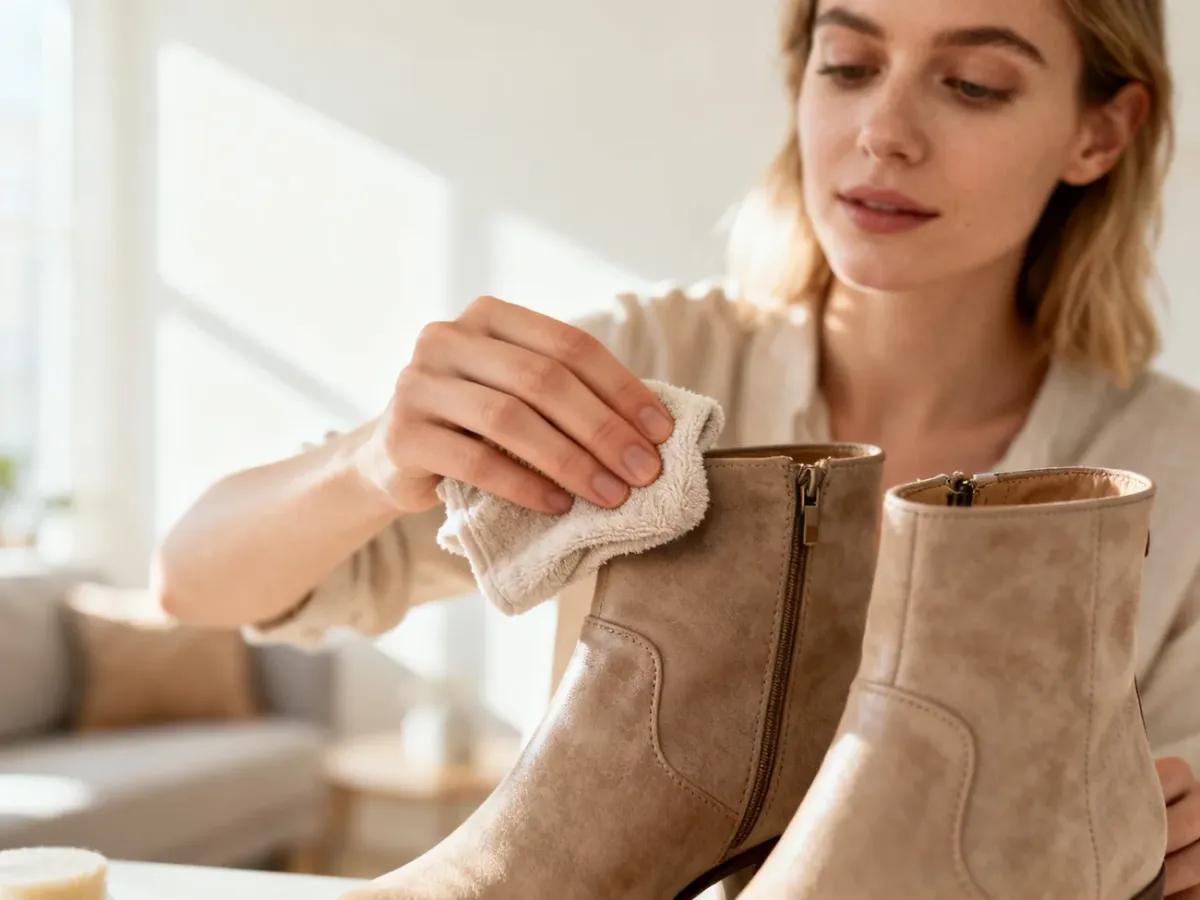 Kobieta czyści eleganckie buty z ekoskóry miękką ściereczką, dbając o ich wygląd w przytulnym wnętrzu.