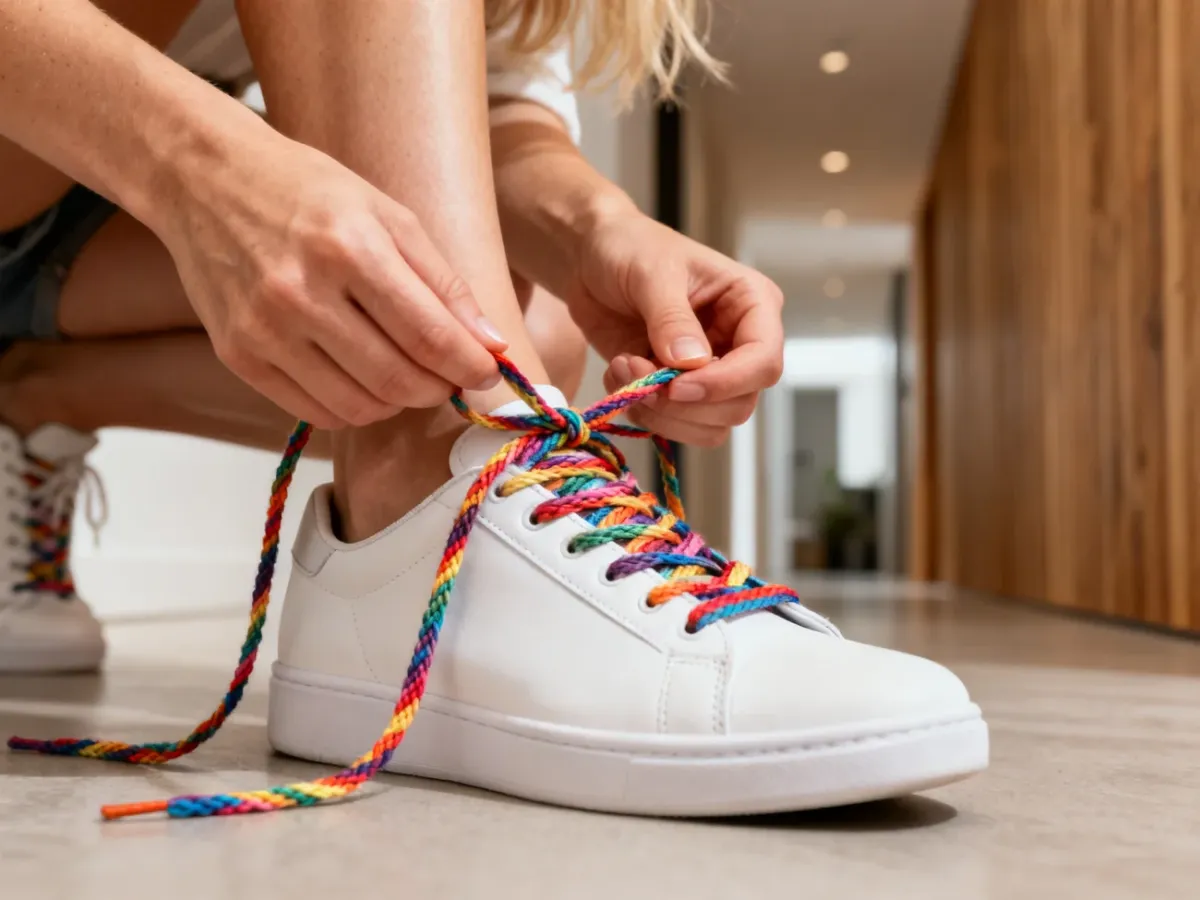 Kobieta wiąże kolorowe sznurowadła w białych sneakersach, prezentując sposób na estetyczne zawiązanie obuwia.