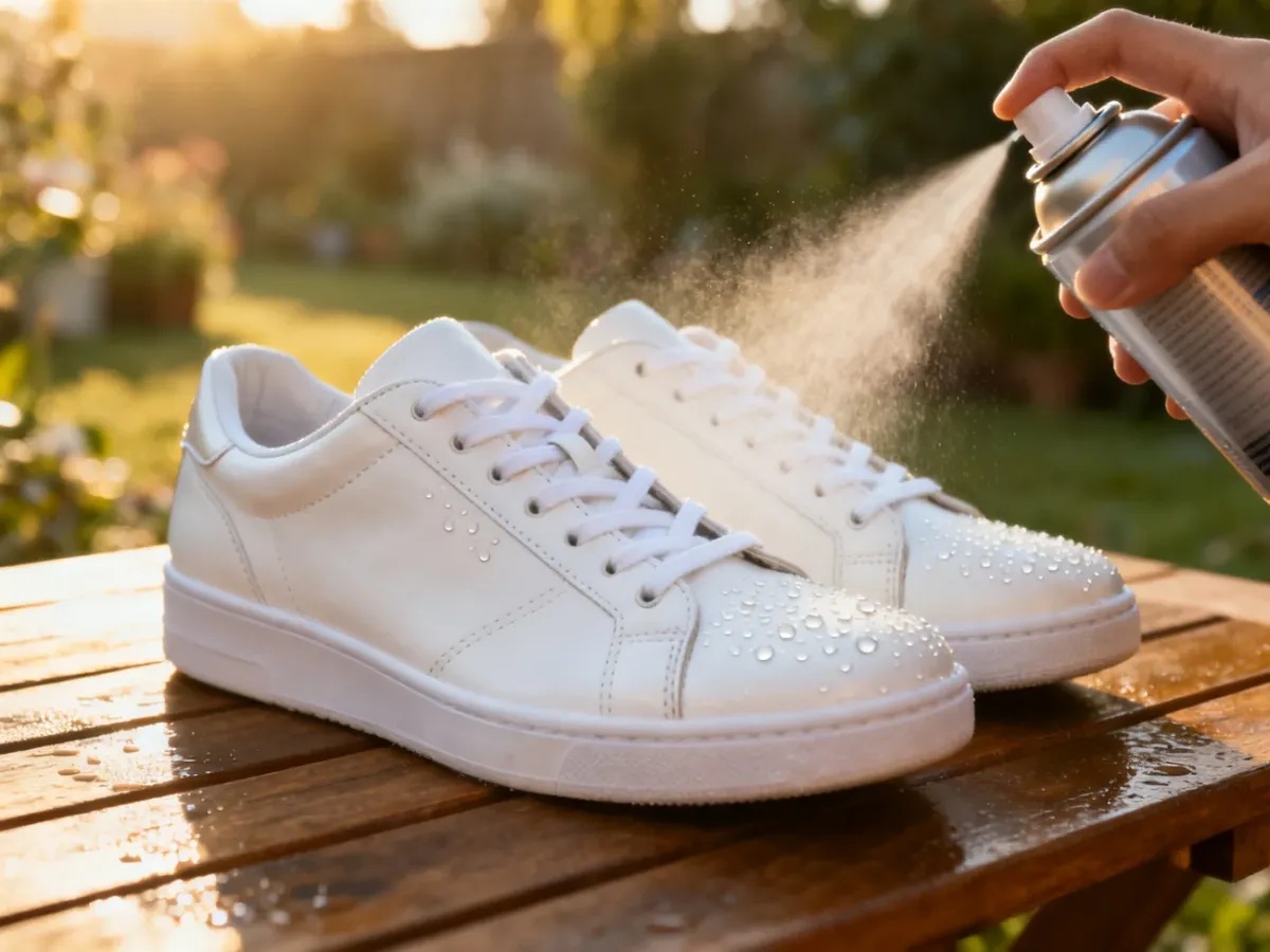 Profesjonalny spray impregnujący nanoszony na białe skórzane sneakersy, chroniący je przed wilgocią i zabrudzeniami.