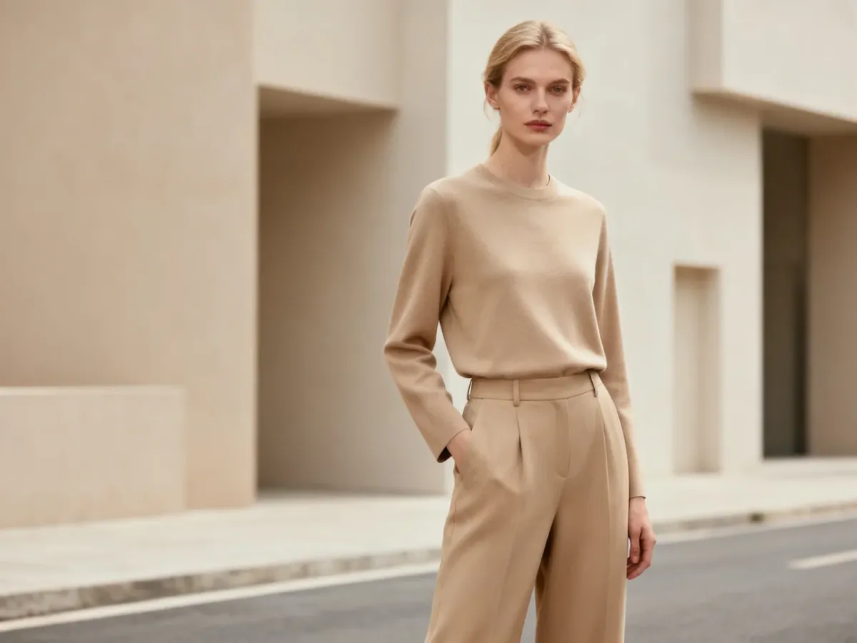 Stylowa kobieta w monochromatycznej beżowej stylizacji na tle nowoczesnej architektury, prezentująca trend total look.