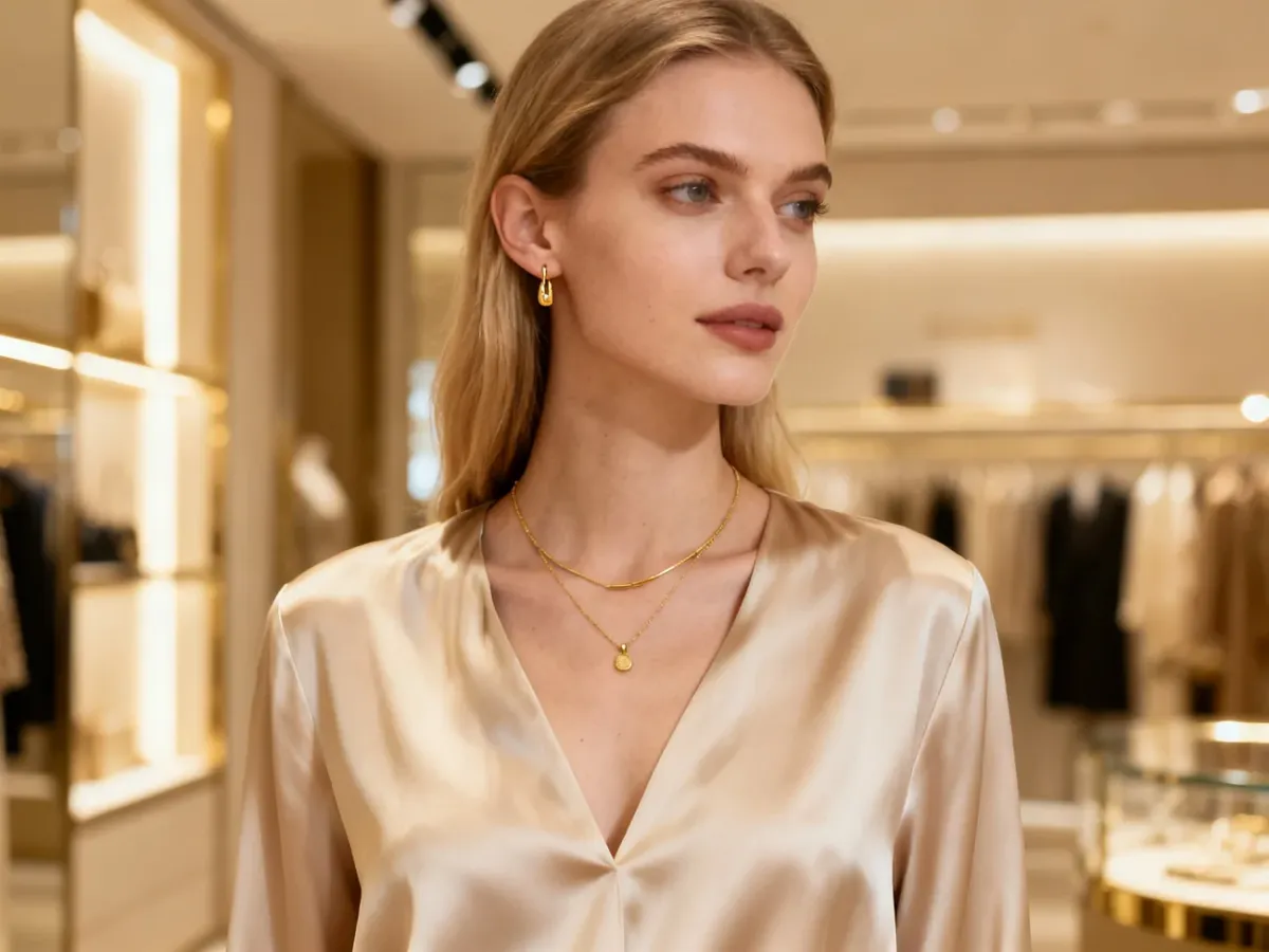 Elegancka kobieta w jedwabnej bluzce prezentująca minimalistyczną złotą biżuterię w nowoczesnym butiku.