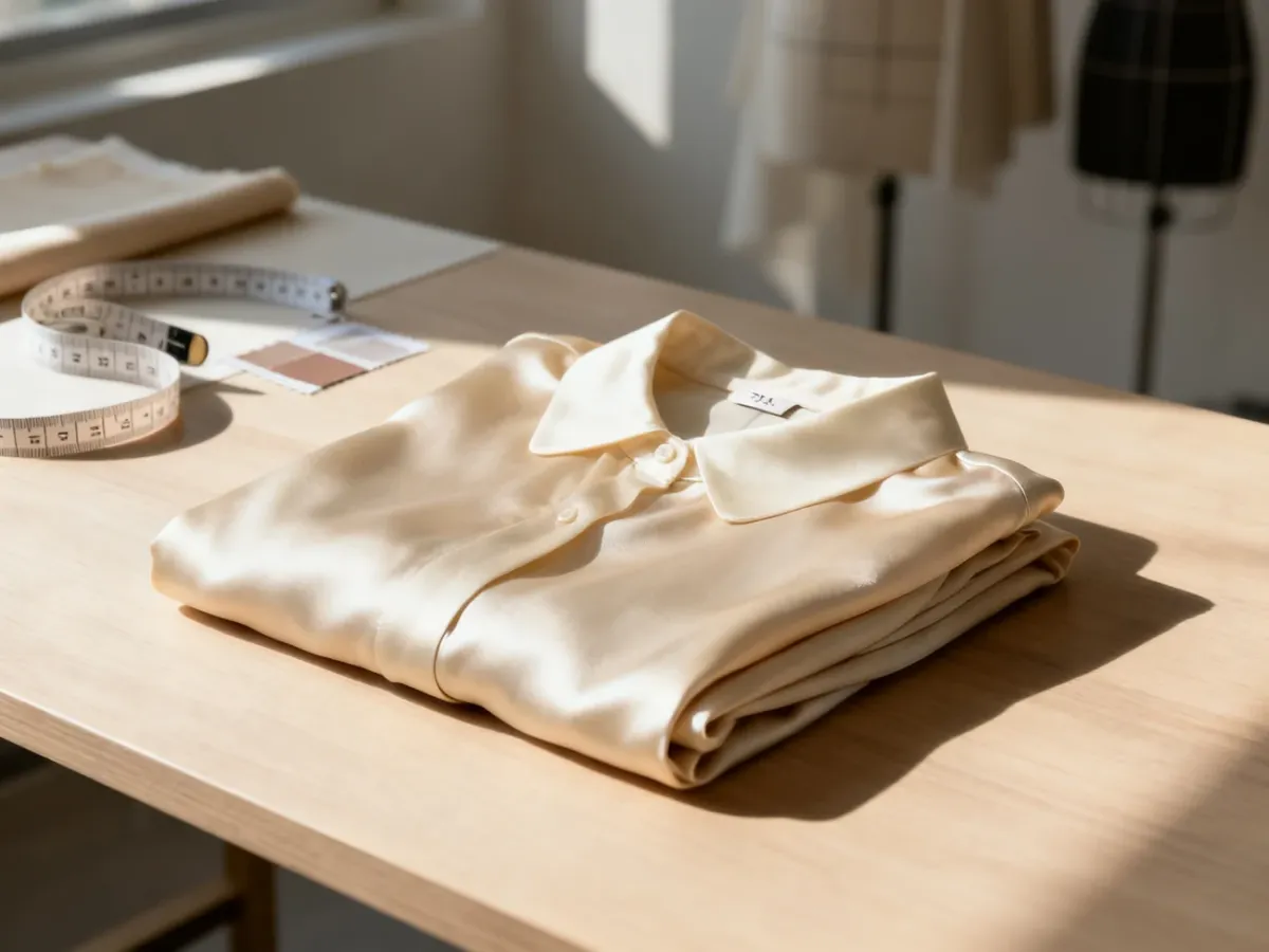 Elegancka odzież w rozmiarze 3XL starannie złożona na drewnianym stole, w otoczeniu akcesoriów krawieckich.