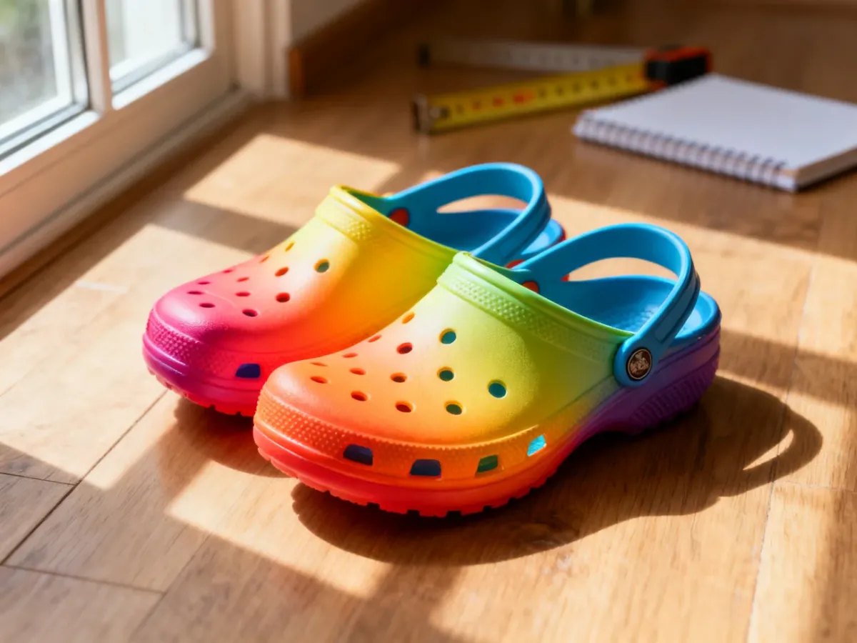 Kolorowe chodaki Crocs na drewnianej podłodze obok miarki, ilustrujące dobór odpowiedniego rozmiaru obuwia.
