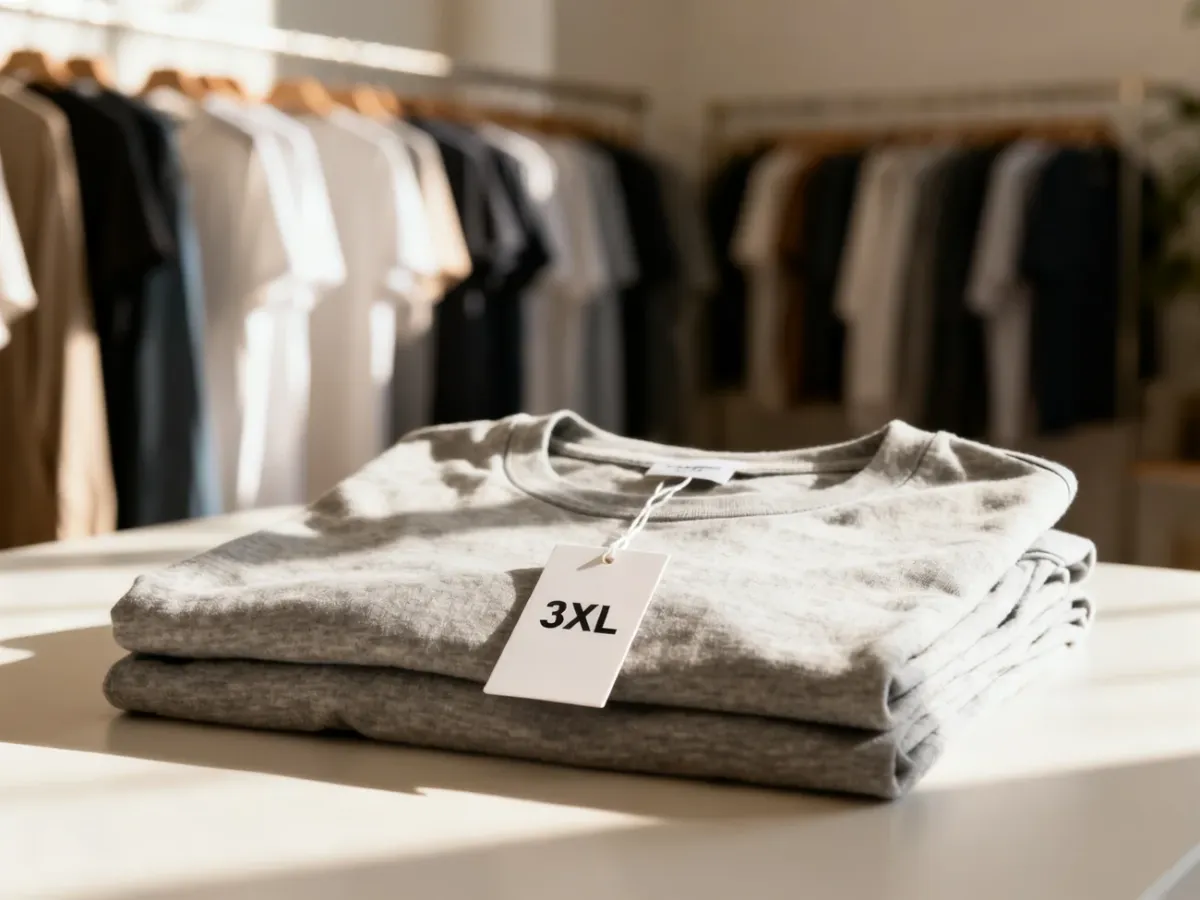 Starannie złożona koszulka z wyraźną metką w rozmiarze 3XL na półce w nowoczesnym sklepie odzieżowym.