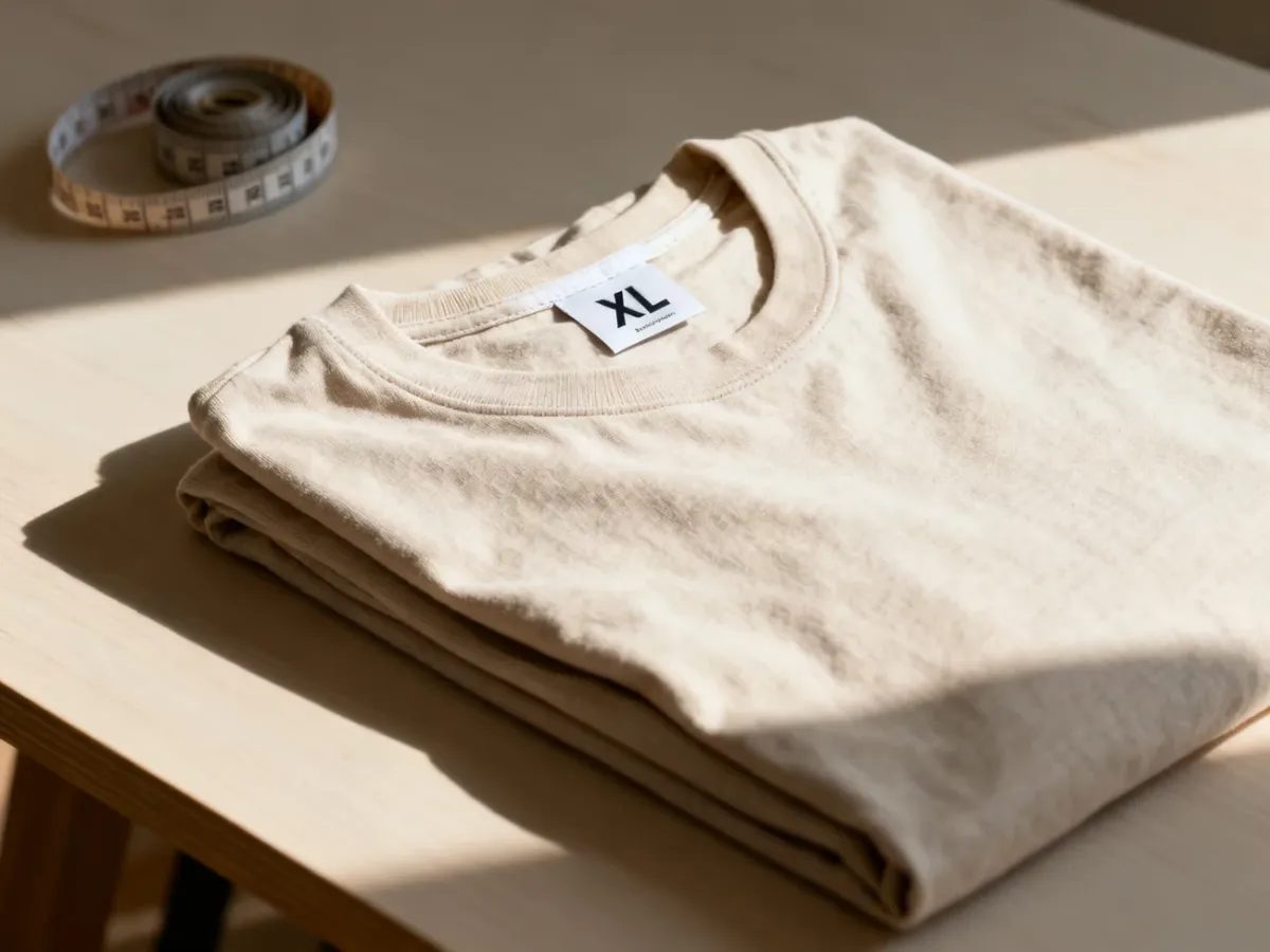 Starannie złożona bawełniana koszulka z widoczną metką w rozmiarze XL na drewnianym stole z miarką krawiecką w tle.